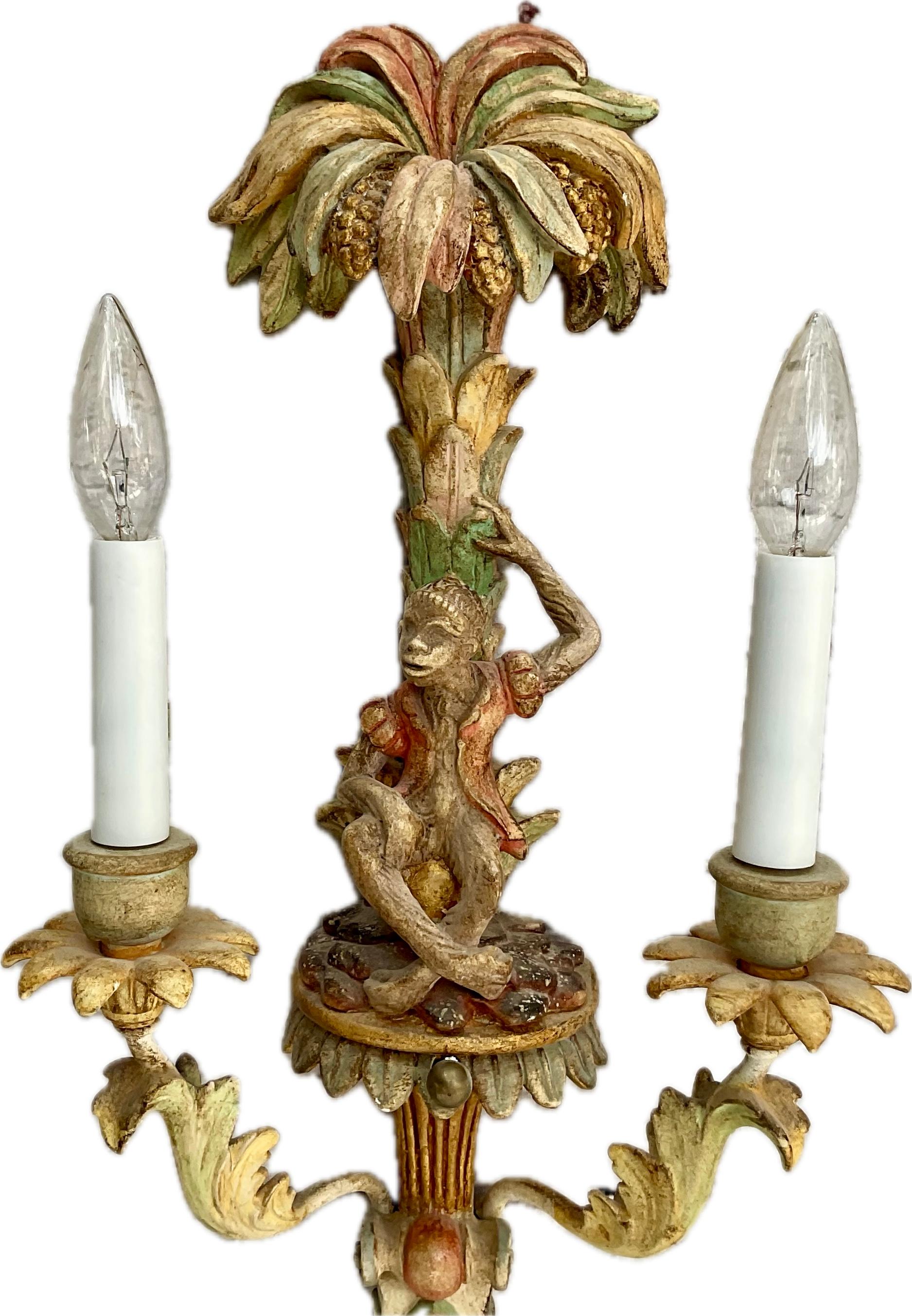 Pair Of Vintage Painted Italian Carved Wood Monkey Wall Sconces 6
