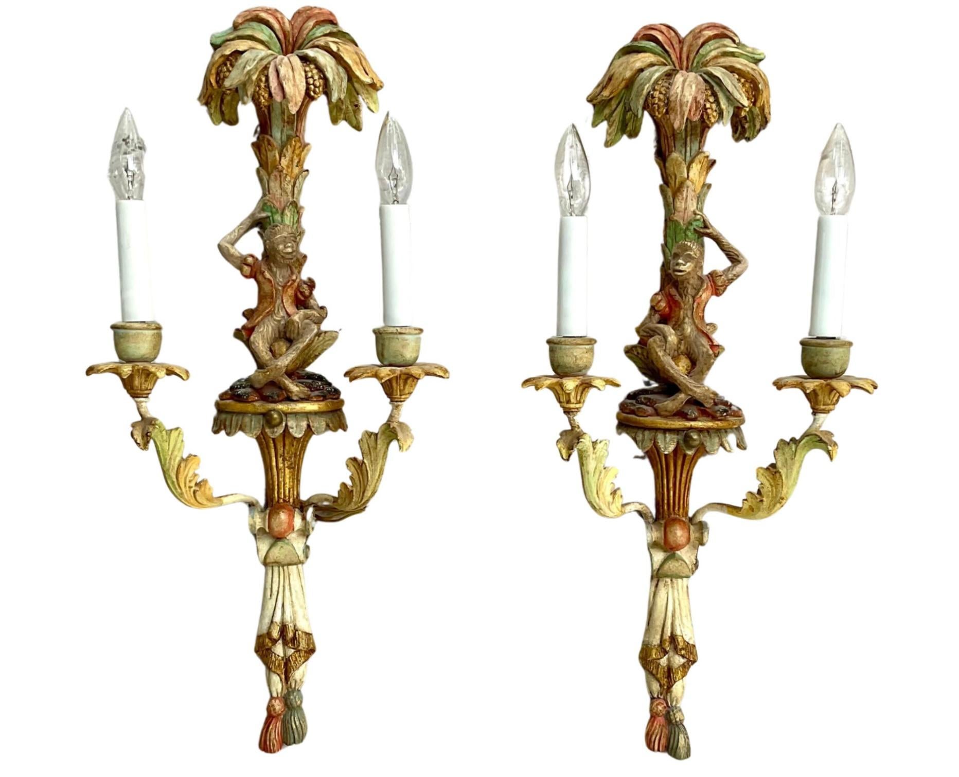 Pair Of Vintage Painted Italian Carved Wood Monkey Wall Sconces 7