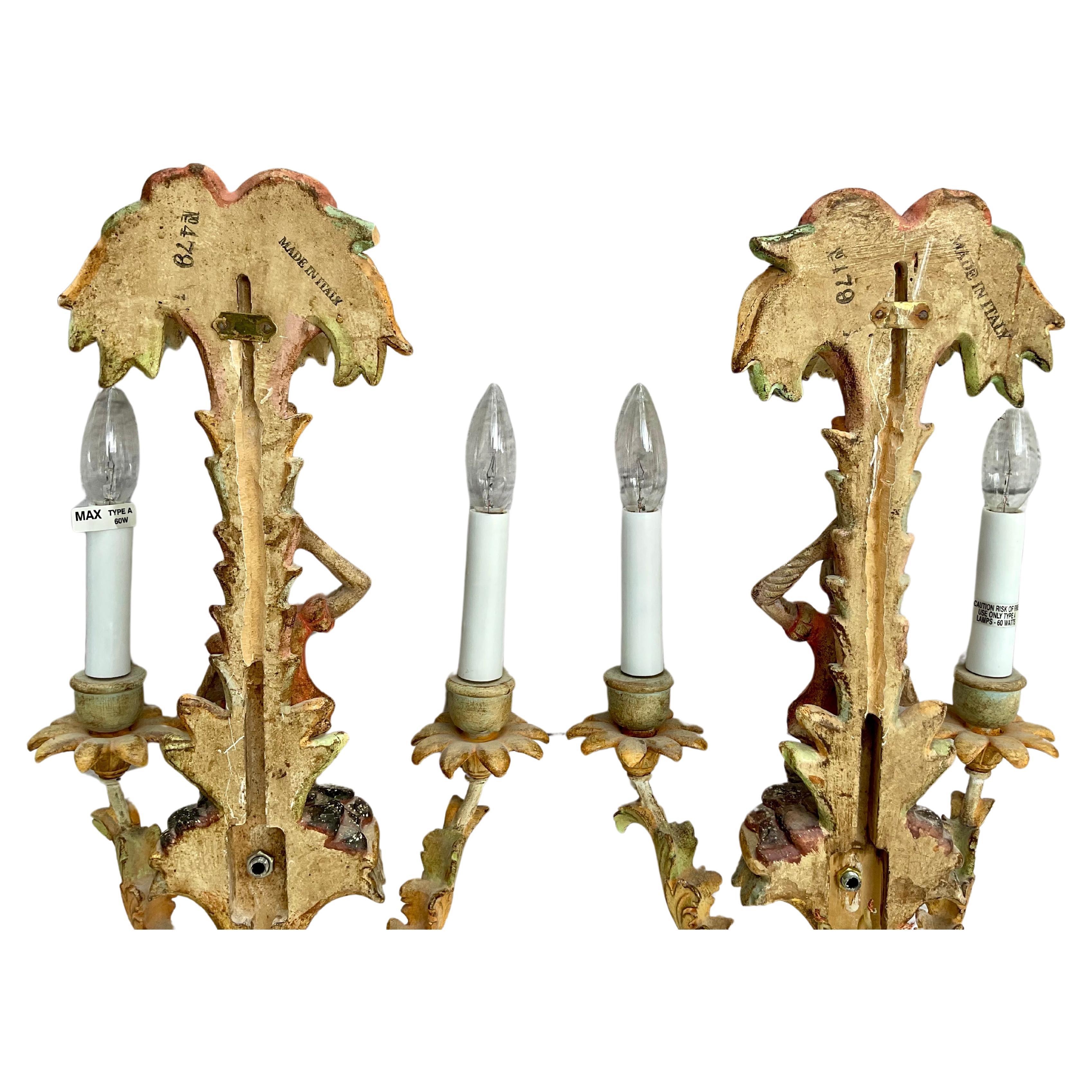 Hollywood Regency Pair Of Vintage Painted Italian Carved Wood Monkey Wall Sconces