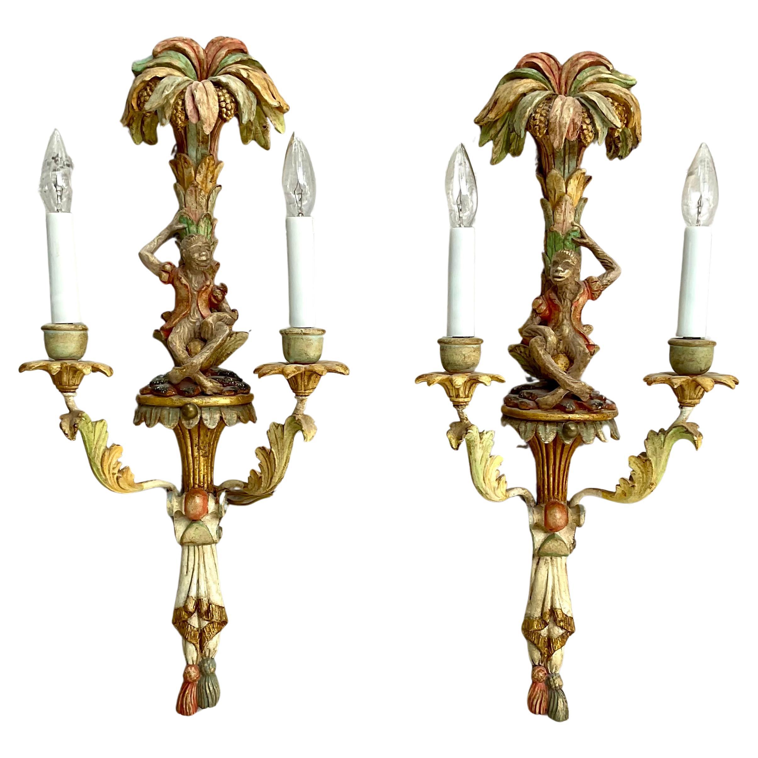 Pair Of Vintage Painted Italian Carved Wood Monkey Wall Sconces In Good Condition In Bradenton, FL
