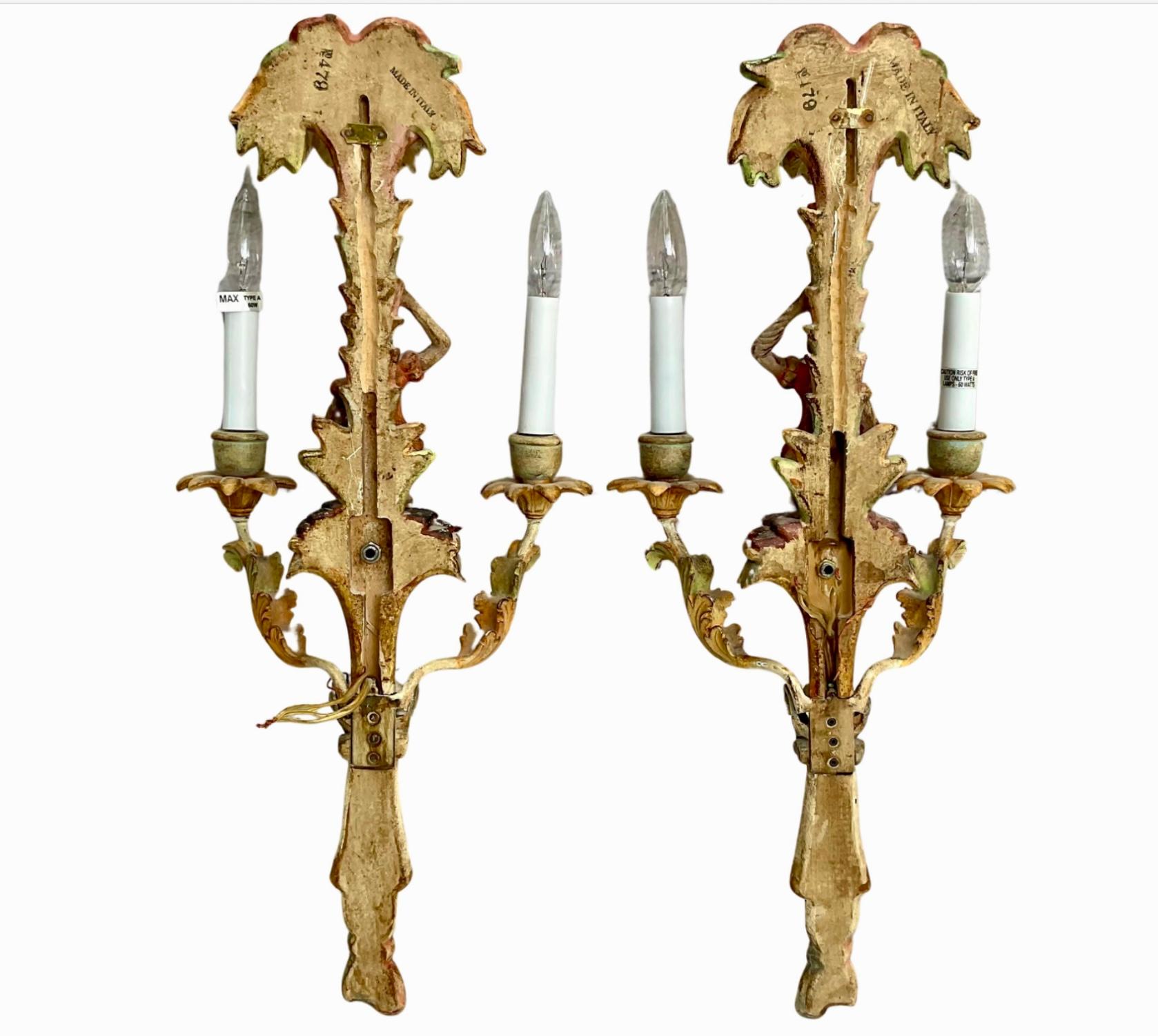 20th Century Pair Of Vintage Painted Italian Carved Wood Monkey Wall Sconces