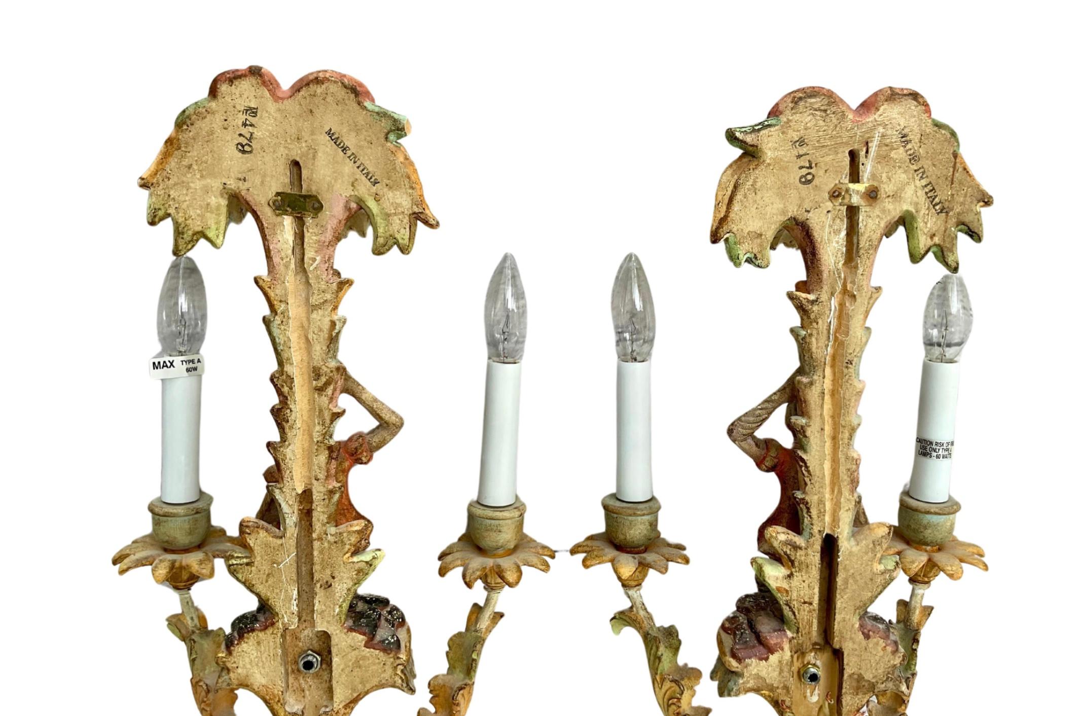 Pair Of Vintage Painted Italian Carved Wood Monkey Wall Sconces 1