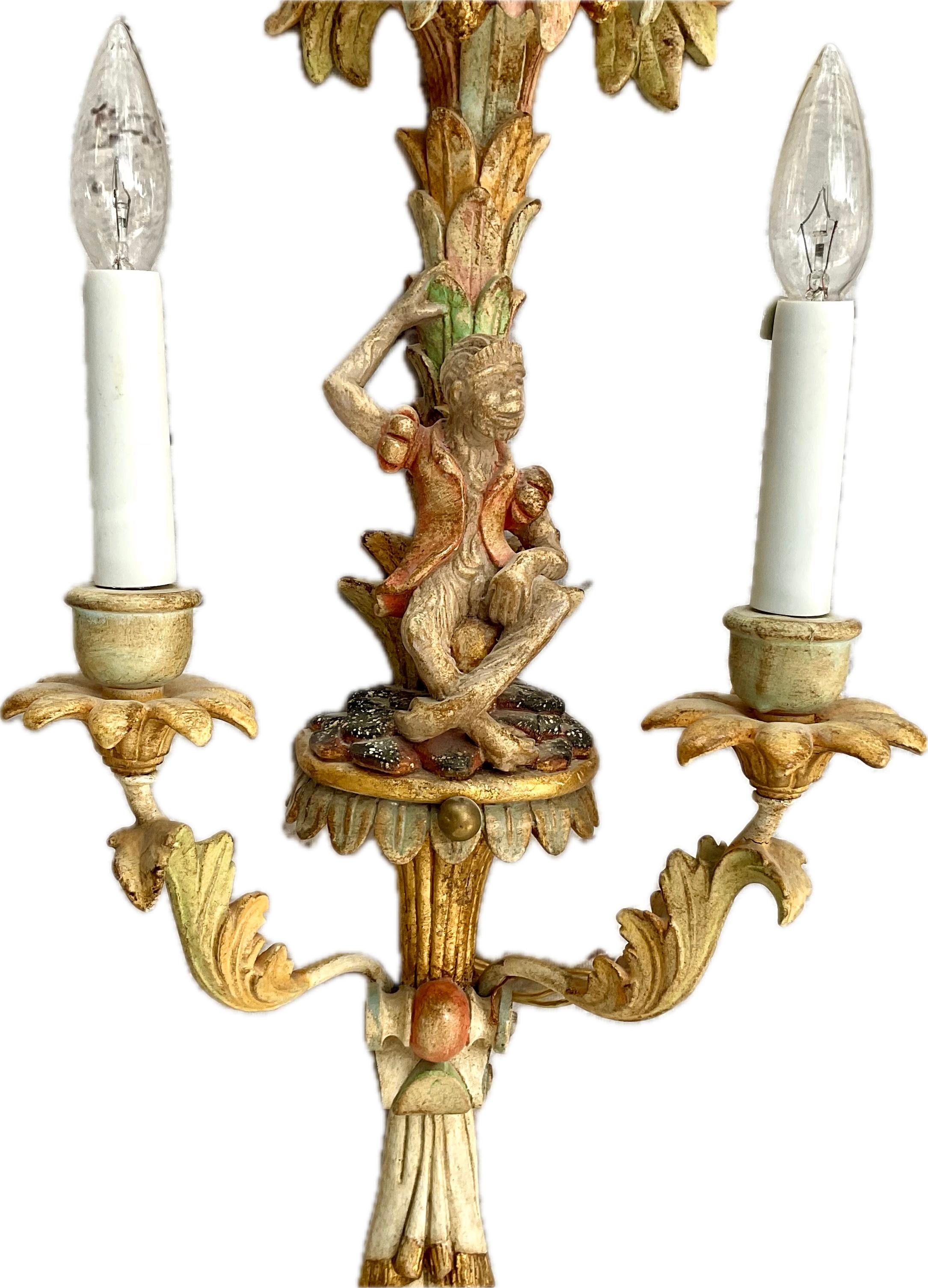 Pair Of Vintage Painted Italian Carved Wood Monkey Wall Sconces 2