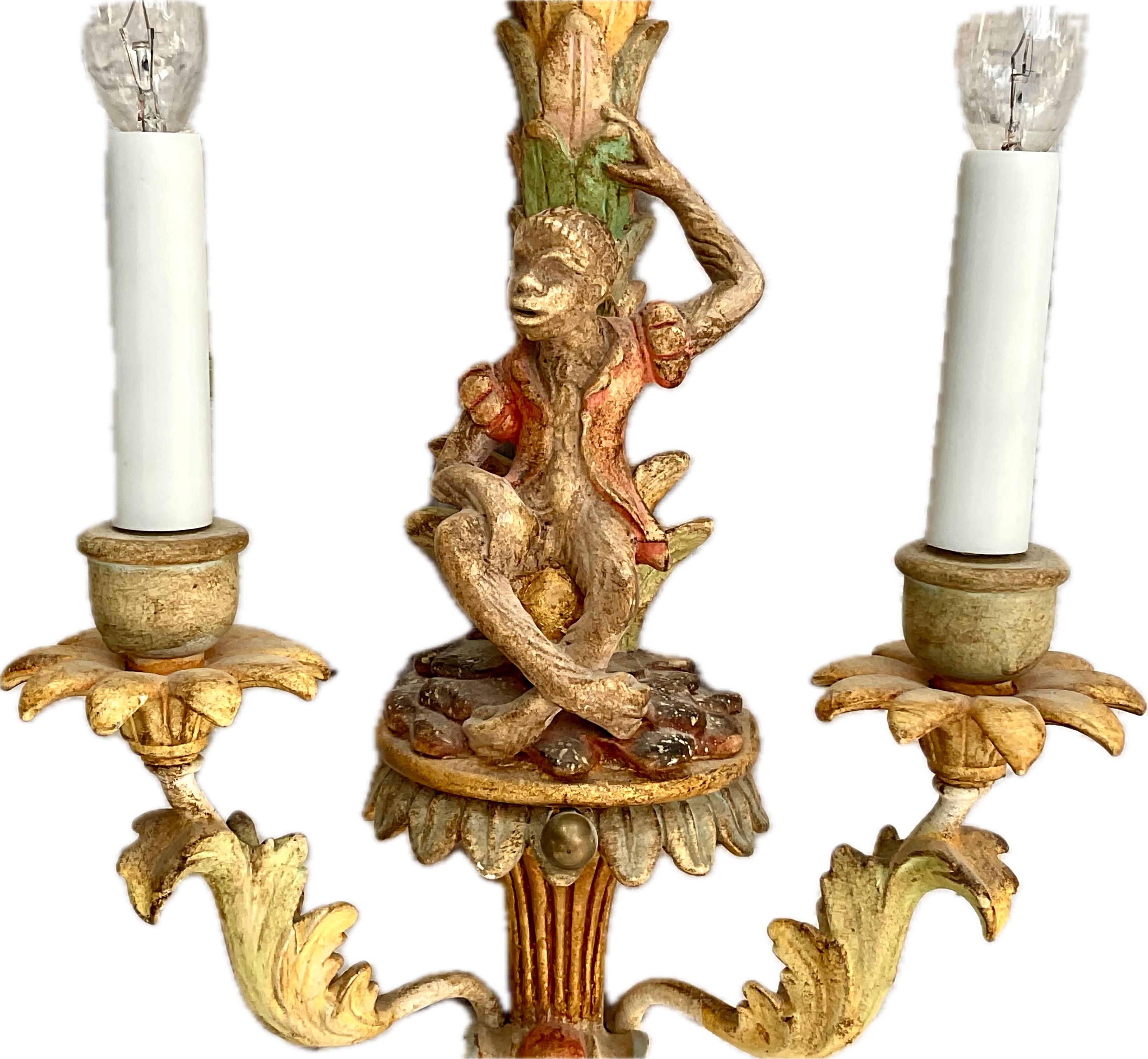 Pair Of Vintage Painted Italian Carved Wood Monkey Wall Sconces 4
