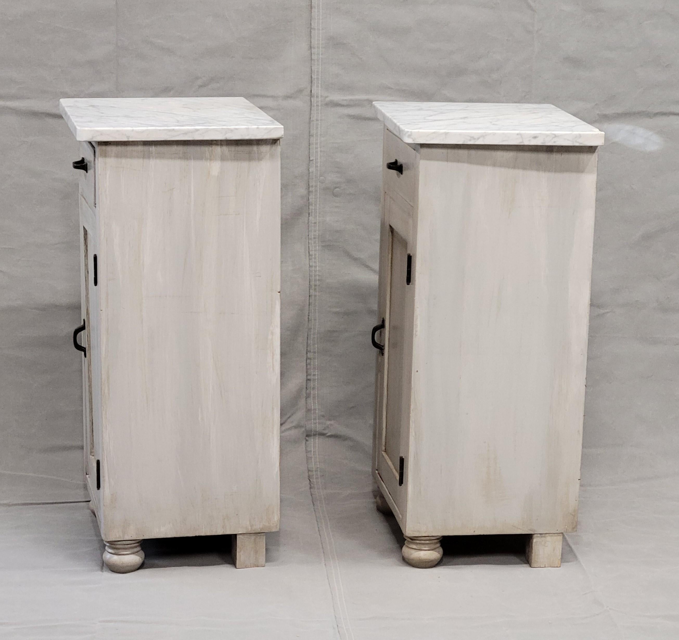 Pair of Vintage Painted Pine Nightstands With Carrera Marble Tops For Sale 2