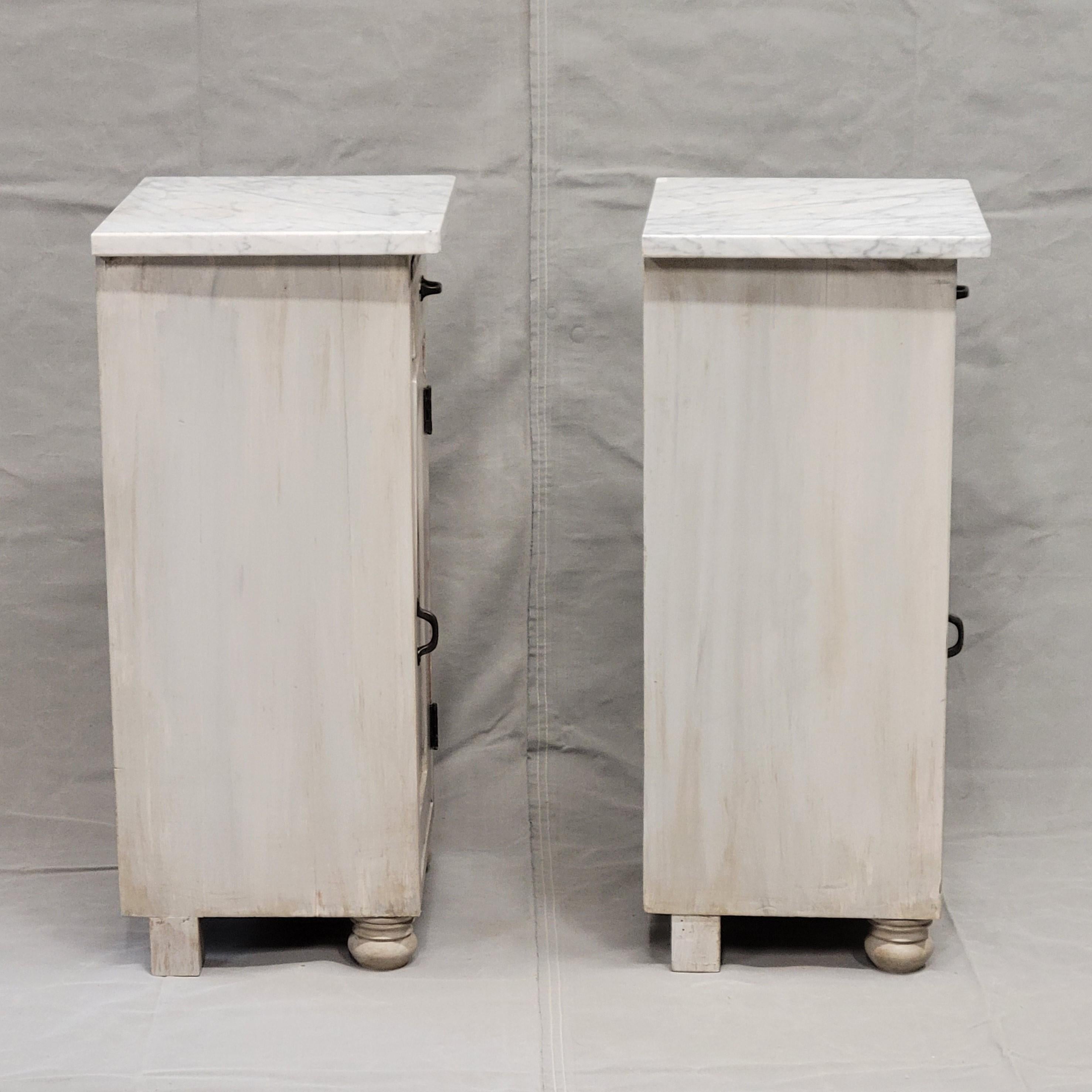 Pair of Vintage Painted Pine Nightstands With Carrera Marble Tops For Sale 3