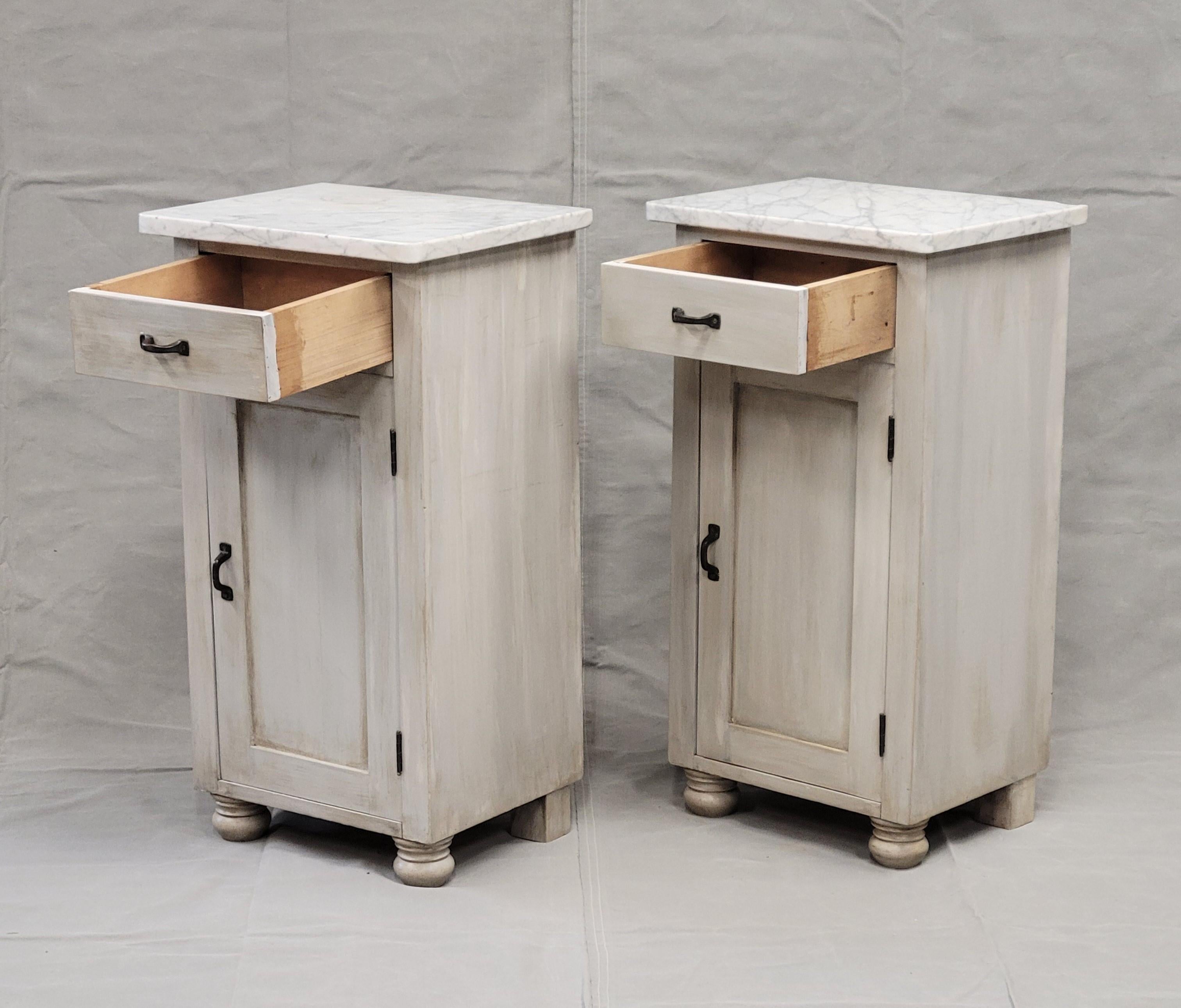Rustic Pair of Vintage Painted Pine Nightstands With Carrera Marble Tops For Sale