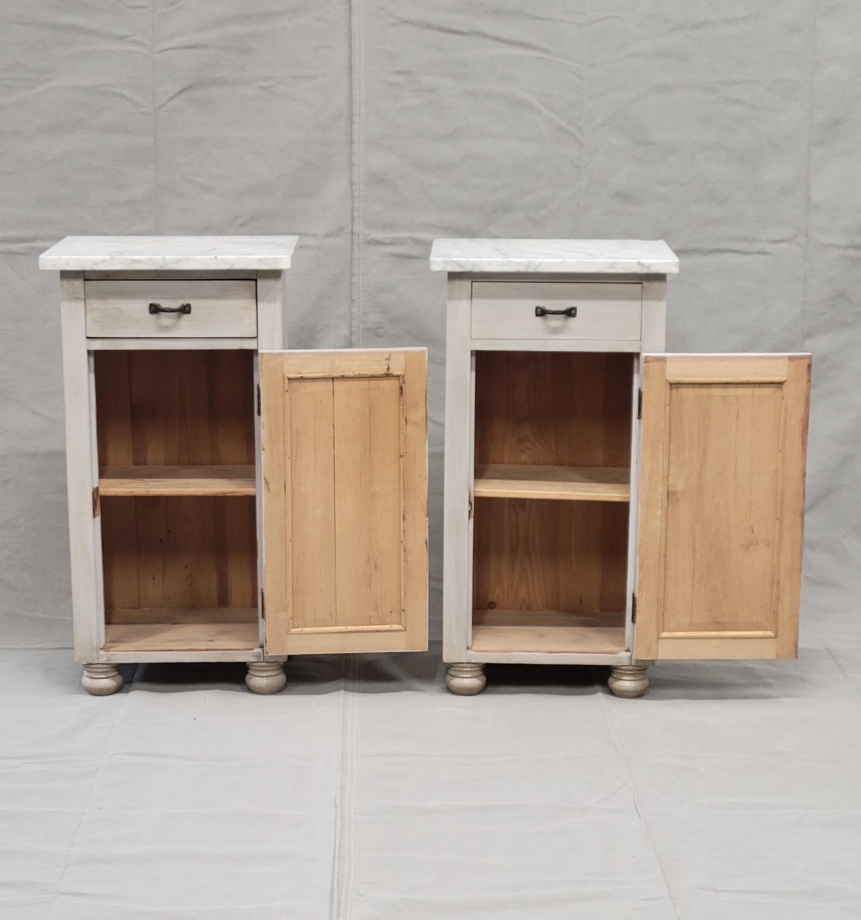 American Pair of Vintage Painted Pine Nightstands With Carrera Marble Tops For Sale