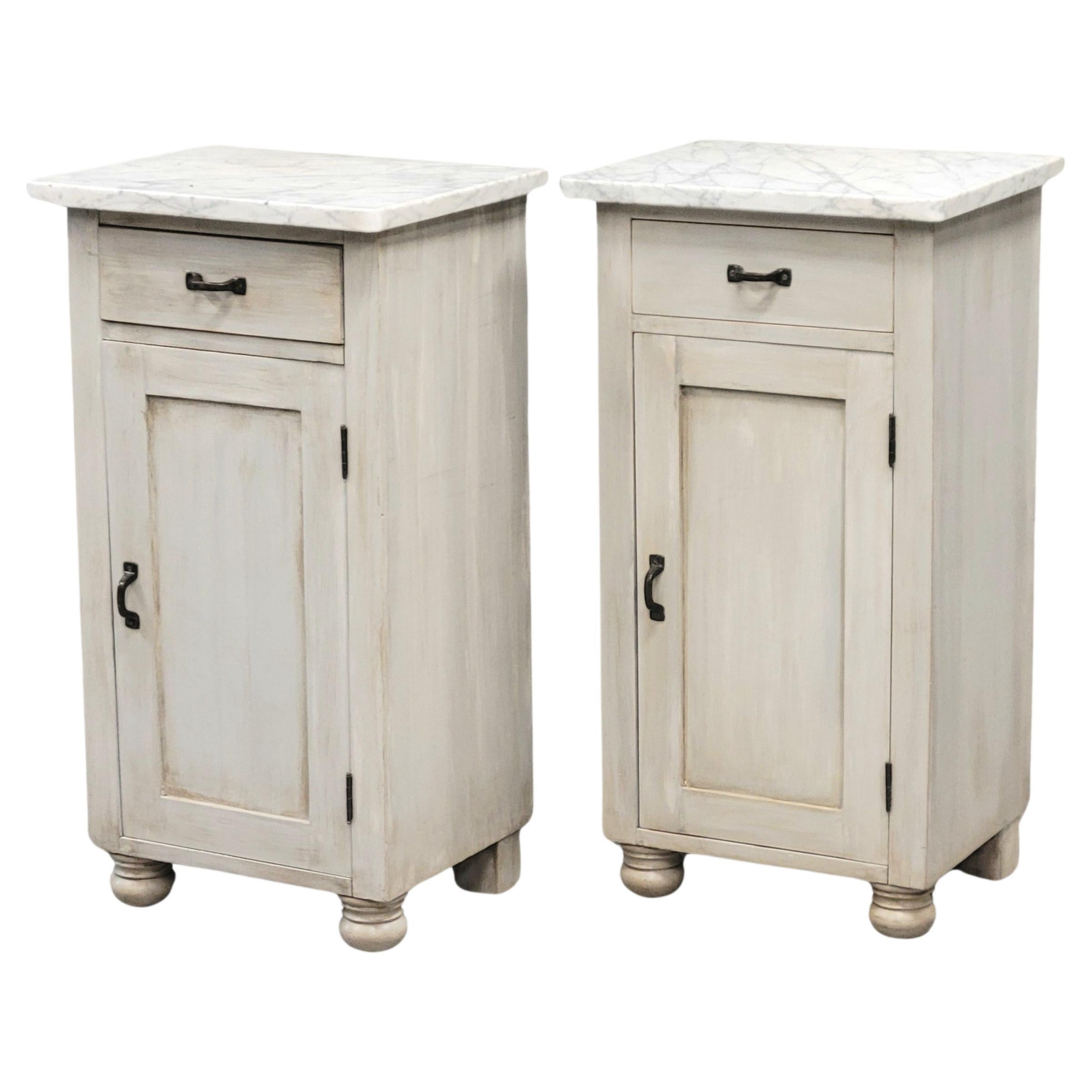 Pair of Vintage Painted Pine Nightstands With Carrera Marble Tops For Sale