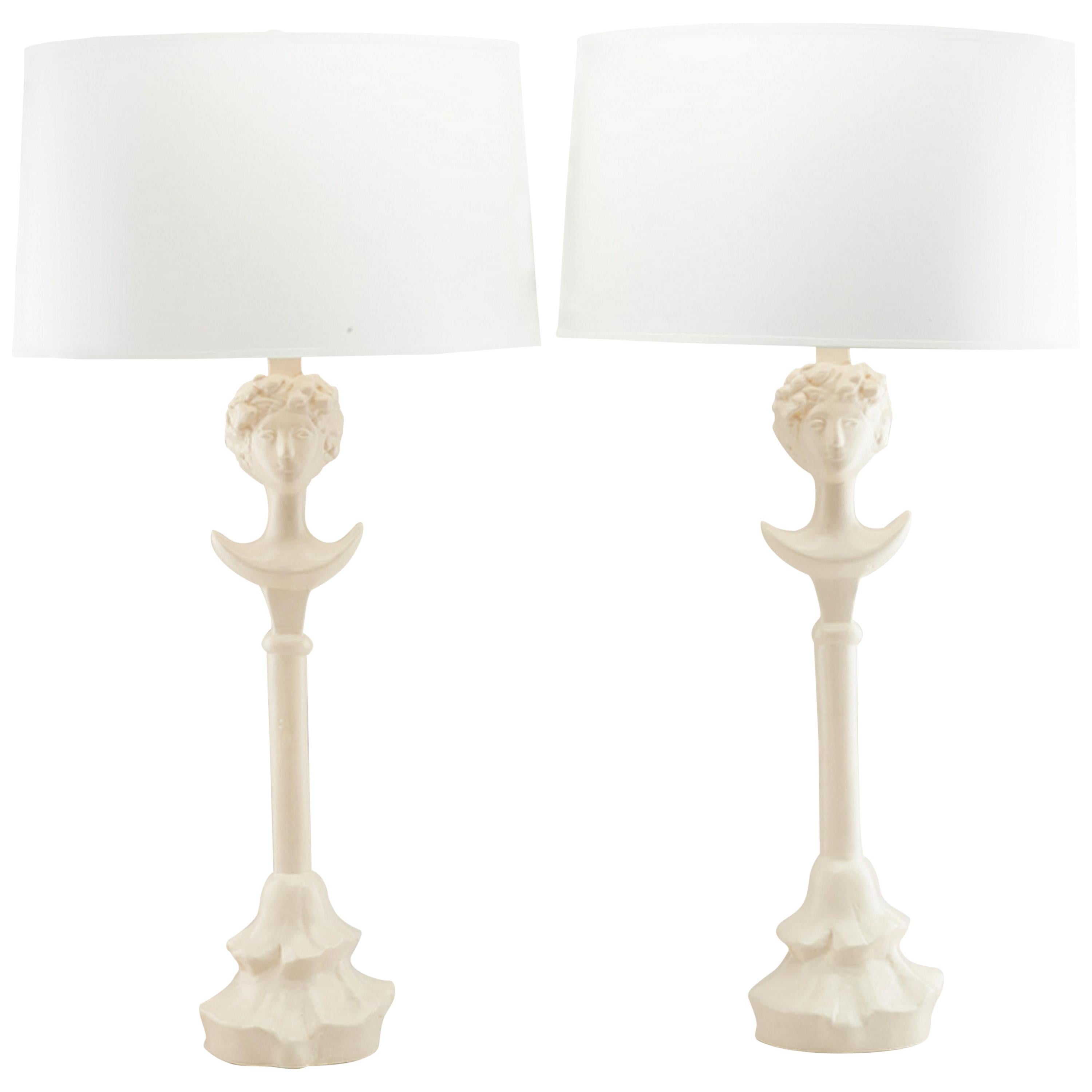 Pair of Vintage Painted Plaster Tête de Femme Lamps, after Diego Giacometti For Sale