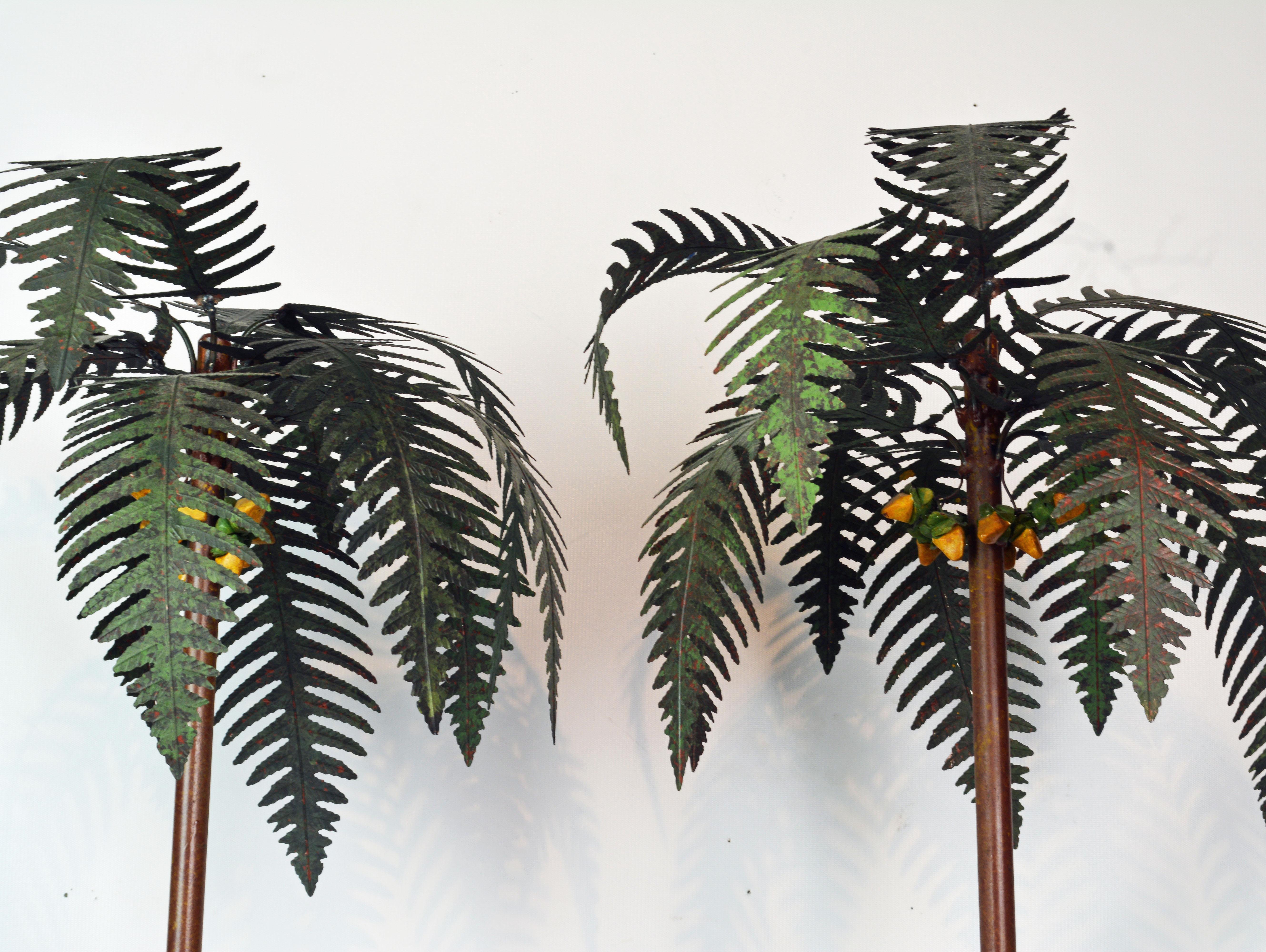 Mid-Century Modern Pair of Vintage Painted Tole Coconut Palms in Classical Themed Tole Planters