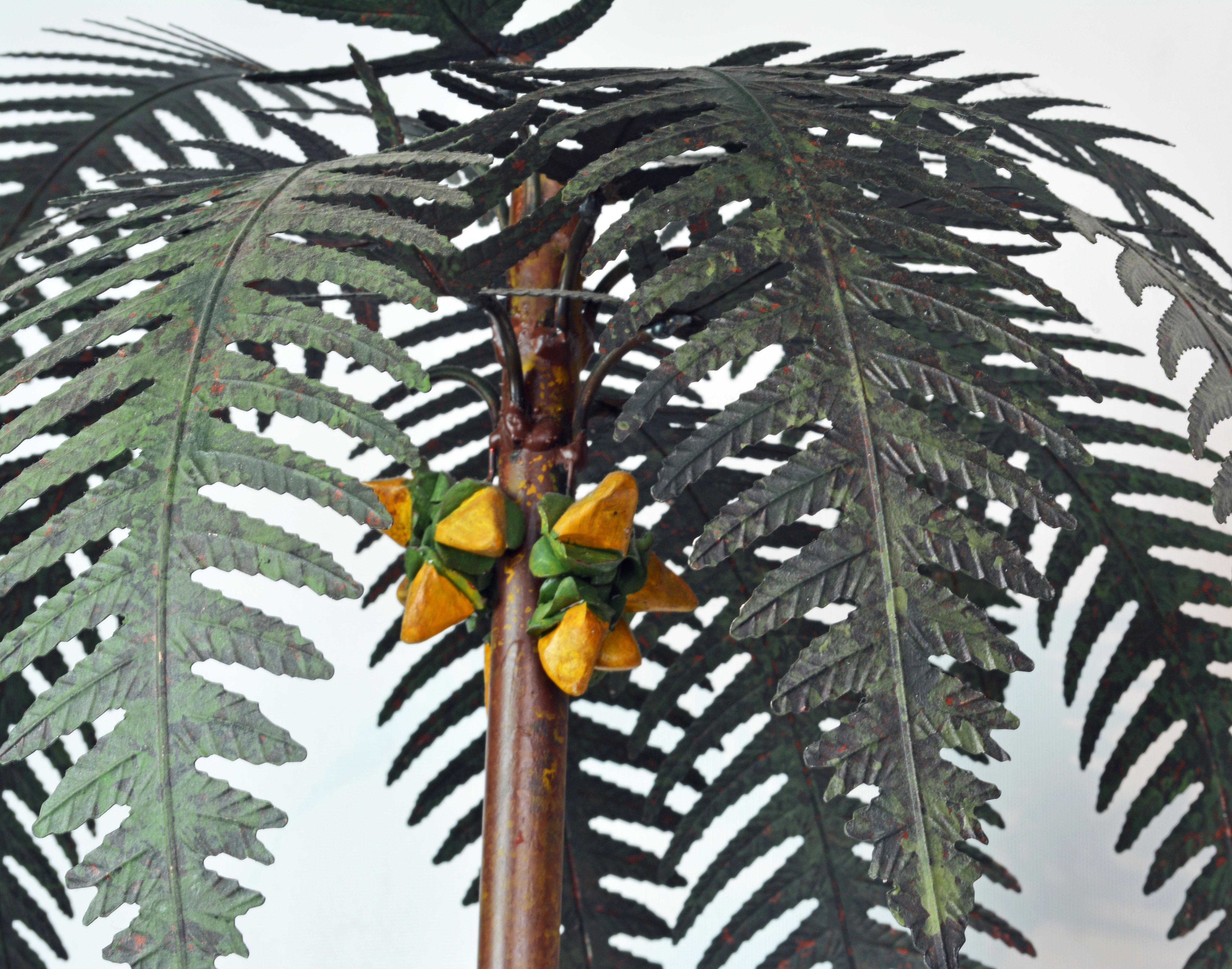 English Pair of Vintage Painted Tole Coconut Palms in Classical Themed Tole Planters