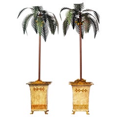 Pair of Vintage Painted Tole Coconut Palms in Classical Themed Tole Planters