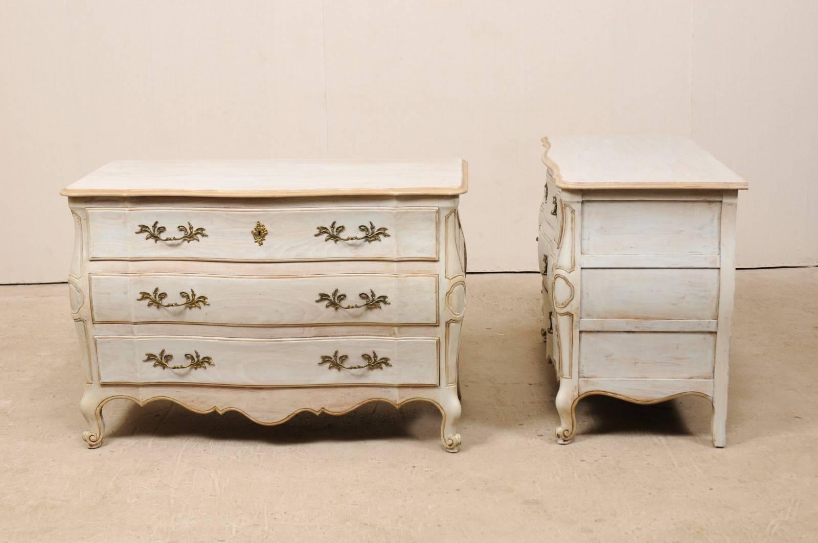 American Pair of Mid-20th C. Painted Wood Bombé Style Chest of Drawers w/Scalloped Skirts