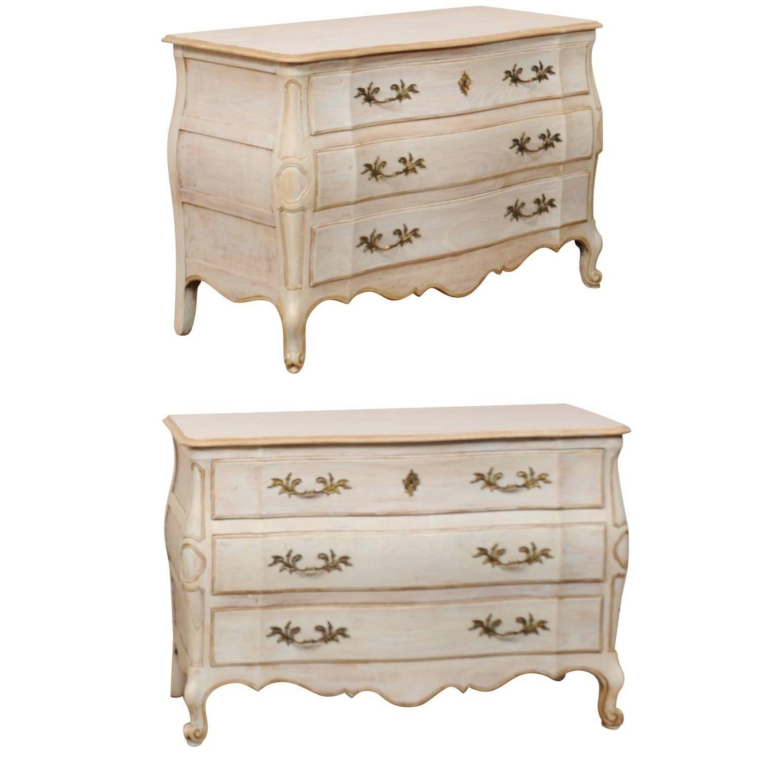 Pair of Mid-20th C. Painted Wood Bombé Style Chest of Drawers w/Scalloped Skirts