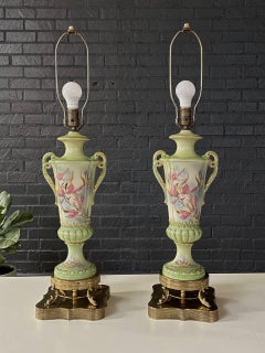 Pair of Vintage Pair of Green Porcelain Urn Shape Table Lamps