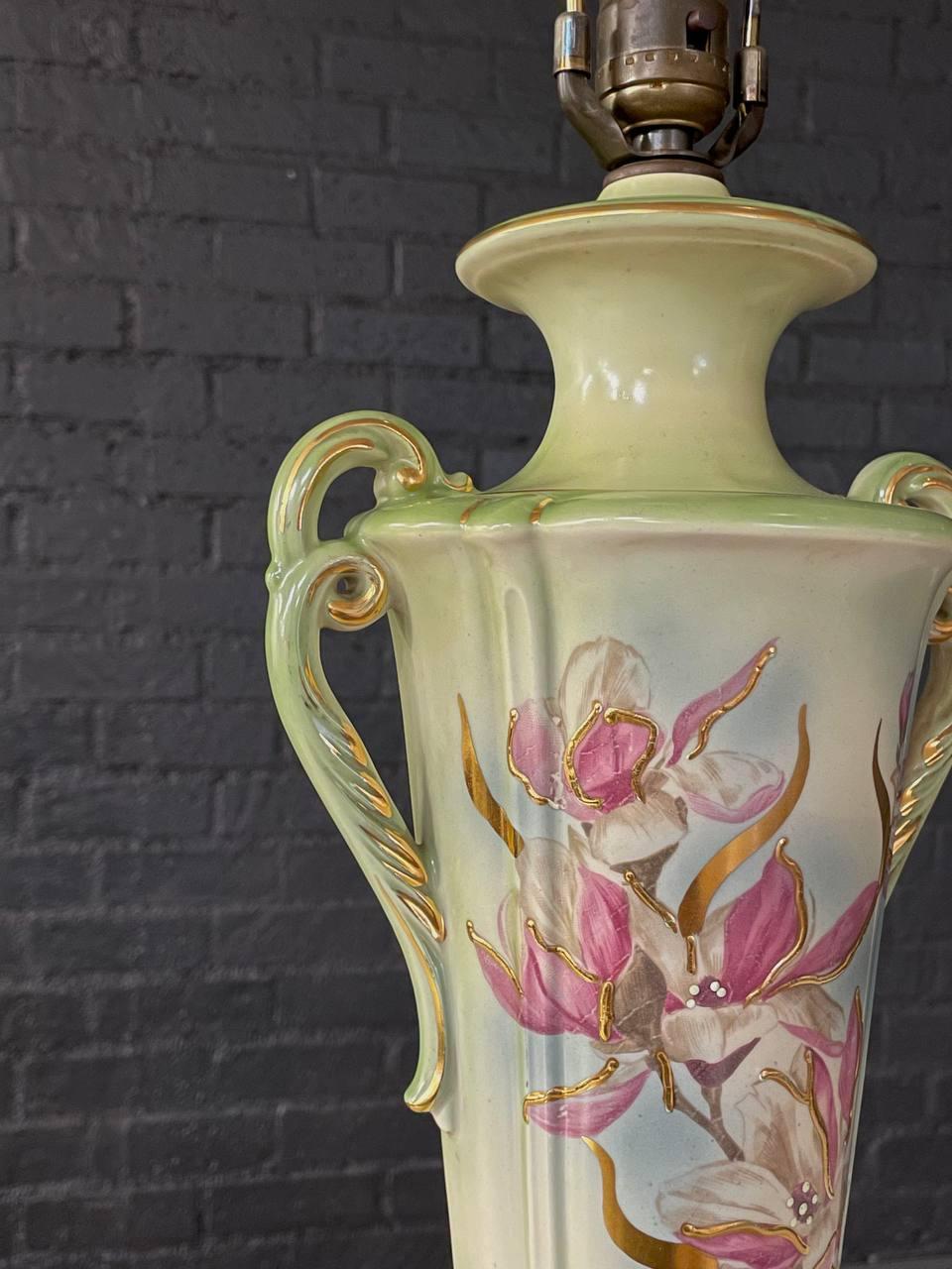 Pair of Vintage Pair of Green Porcelain Urn Shape Table Lamps For Sale 1