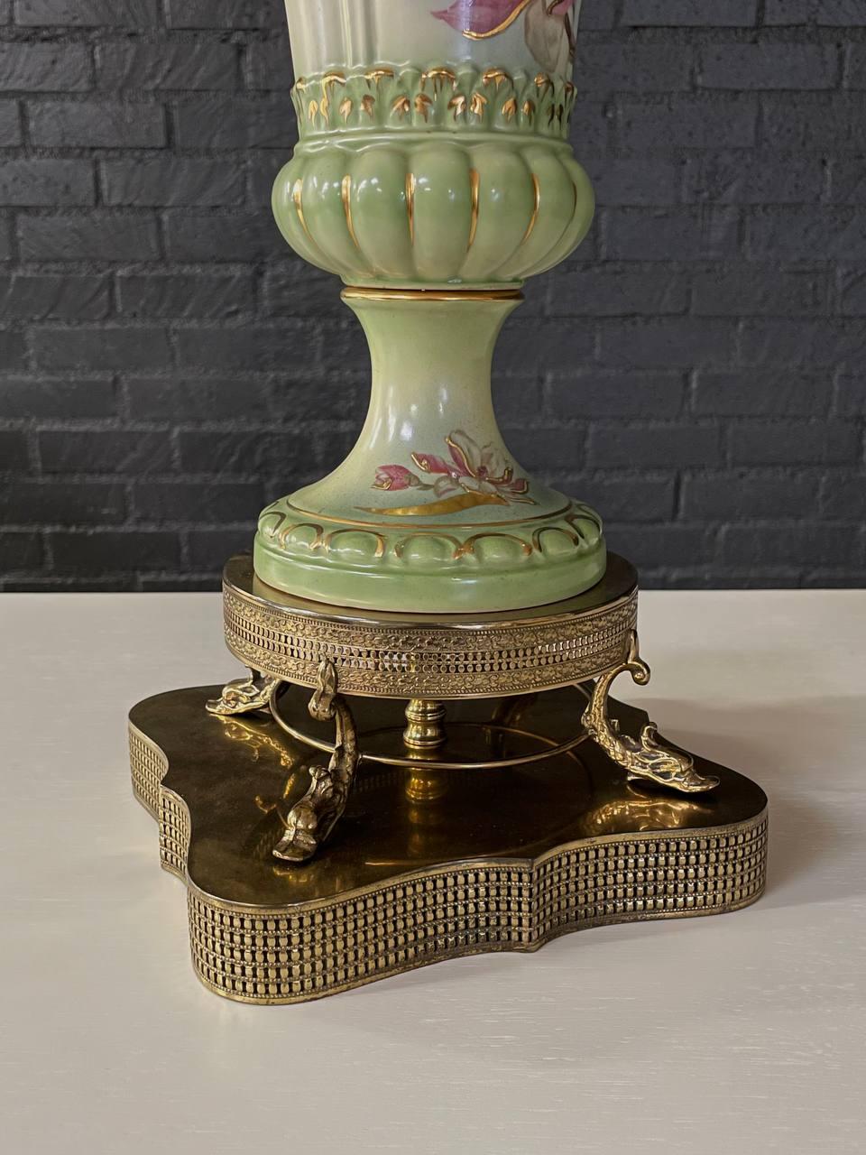 Pair of Vintage Pair of Green Porcelain Urn Shape Table Lamps For Sale 3