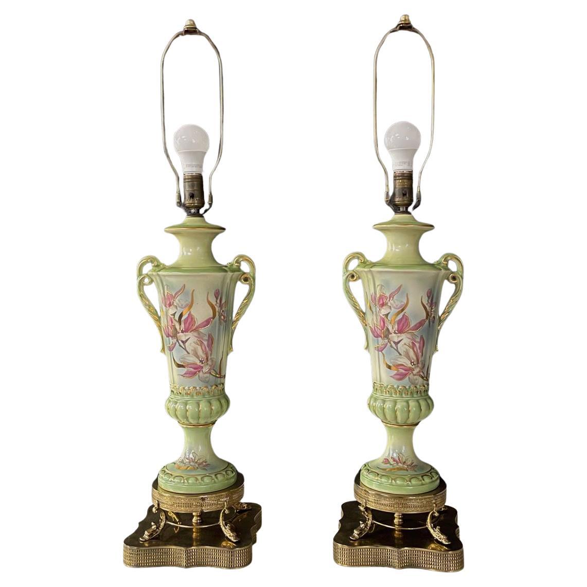 Pair of Vintage Pair of Green Porcelain Urn Shape Table Lamps