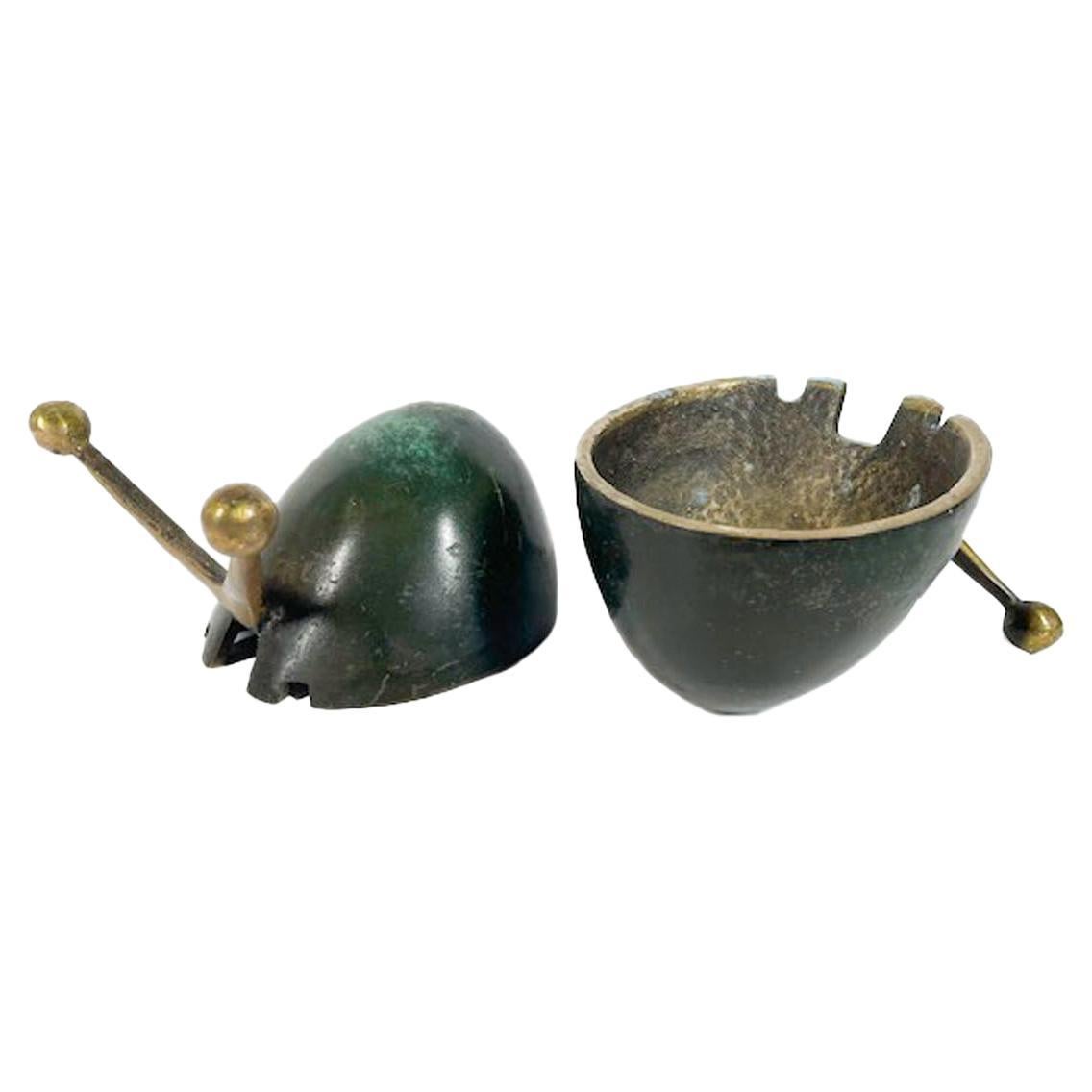 Pair of Vintage Pal-Bell Cast Bronze Stylized Snail Ashtrays with Green Patina