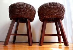 Pair of Vintage Palecek Brown Leather and Rattan Wood Bar Stools