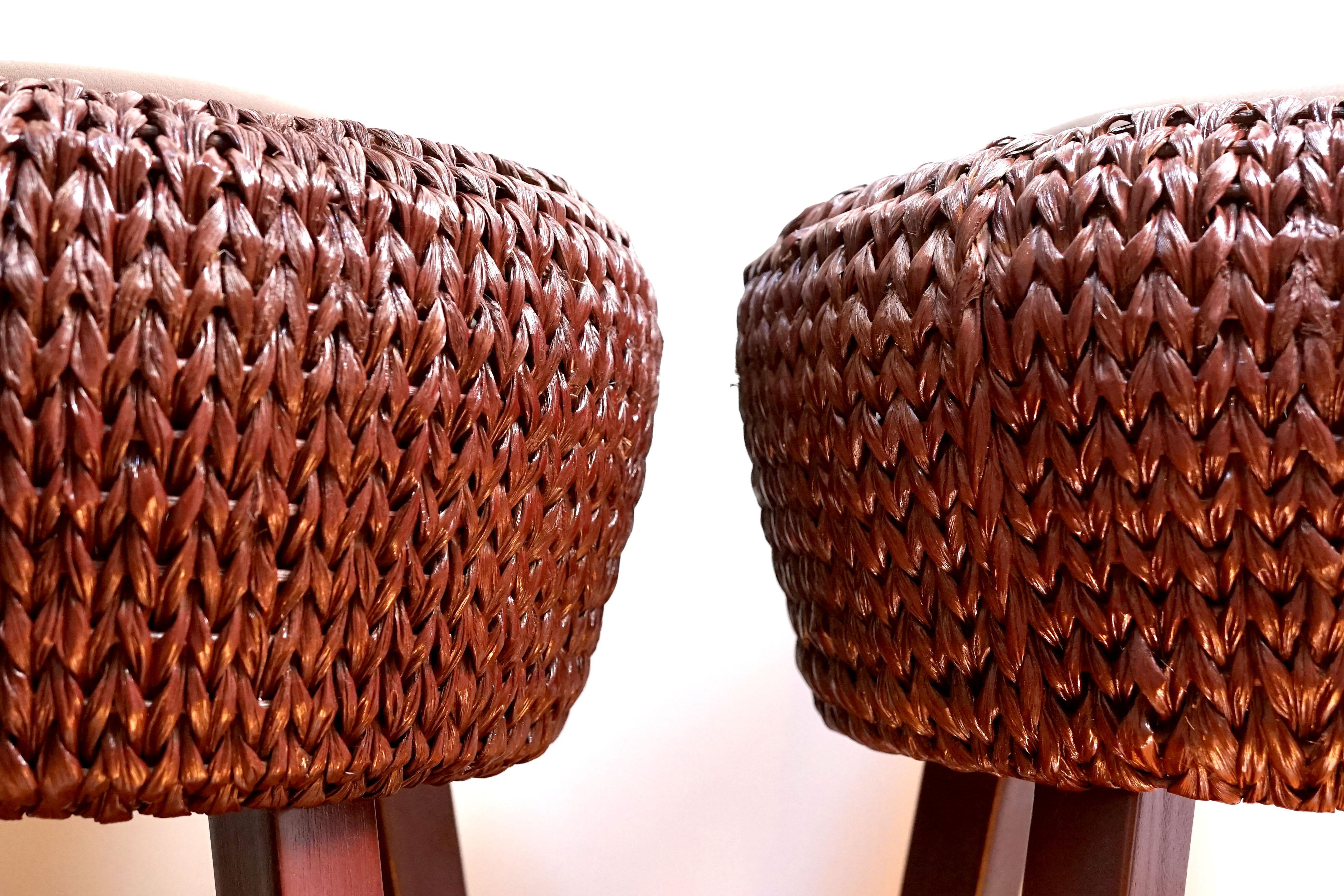 Painted Pair of Vintage Palecek Brown Leather and Rattan Wood Bar Stools For Sale