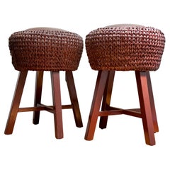 Pair of Retro Palecek Brown Leather and Rattan Wood Bar Stools