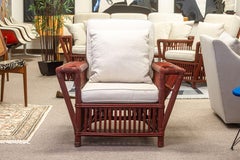 Pair of Vintage Palecek President's Chairs Red Rattan White Cushion Patio Chairs