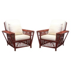 Pair of Vintage Palecek President's Chairs Red Rattan White Cushion Patio Chairs