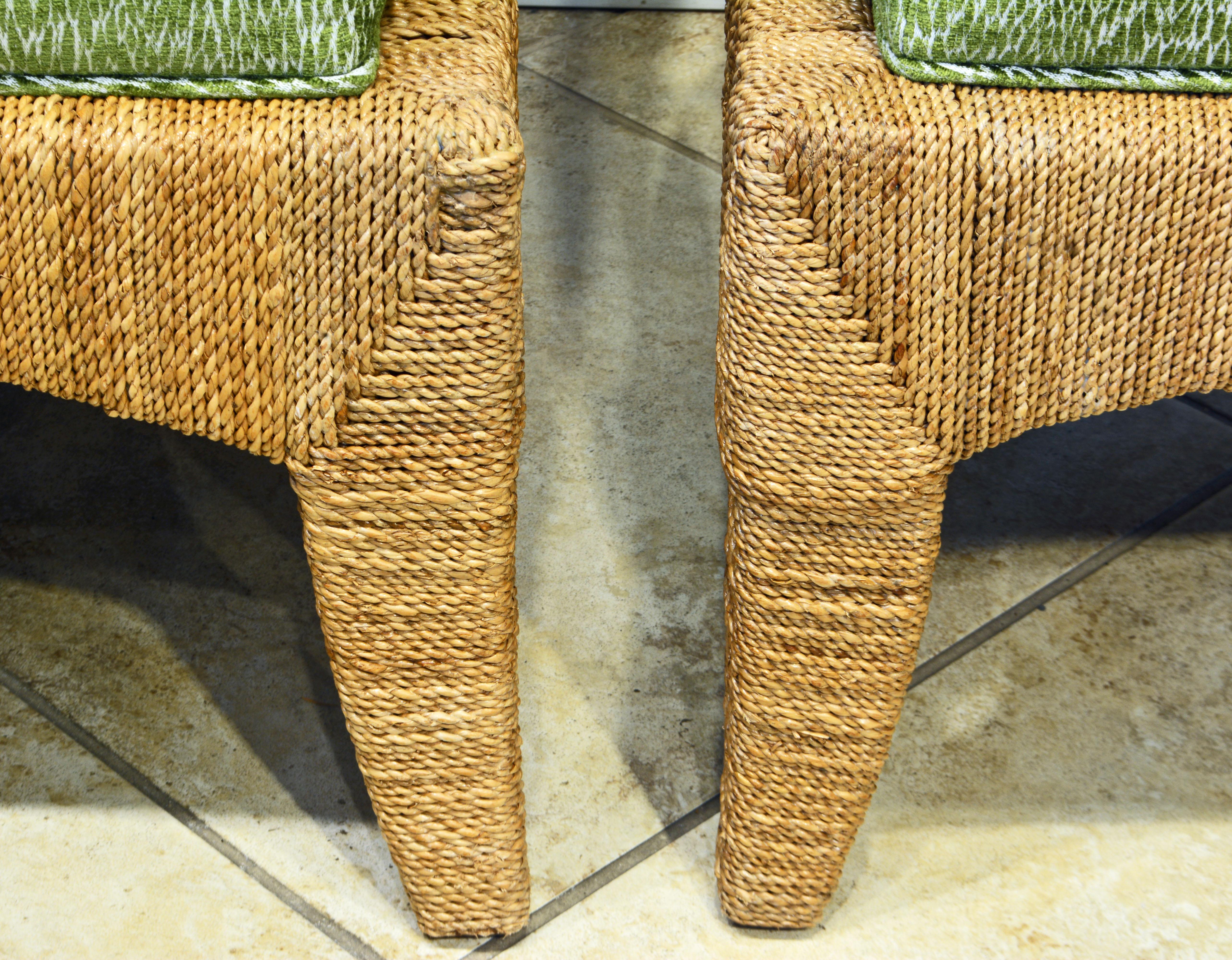 Asian Pair of Vintage Palecek Woven Natural Seagrass Fiber Lounge Chairs and Cushions