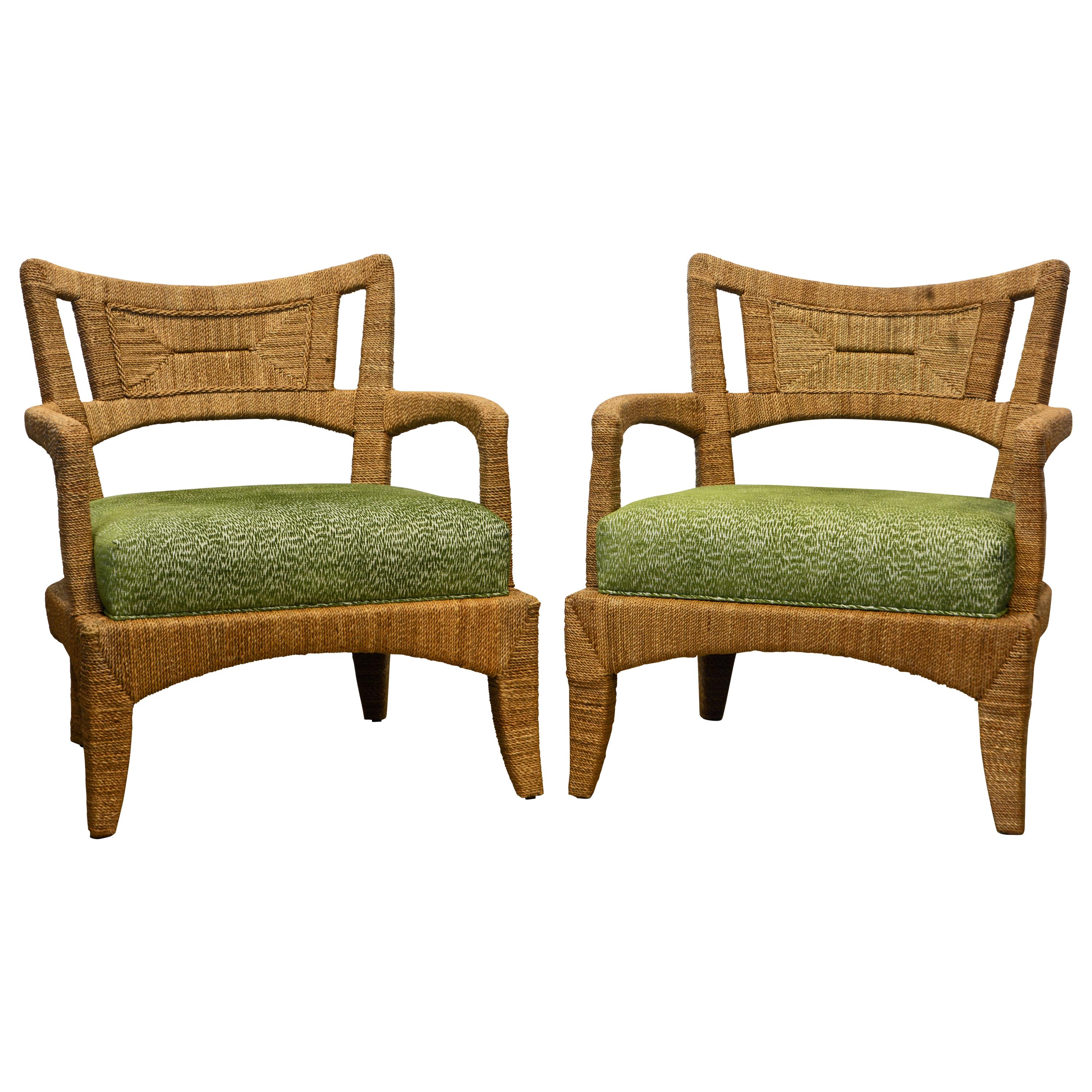 Pair of Vintage Palecek Woven Natural Seagrass Fiber Lounge Chairs and Cushions
