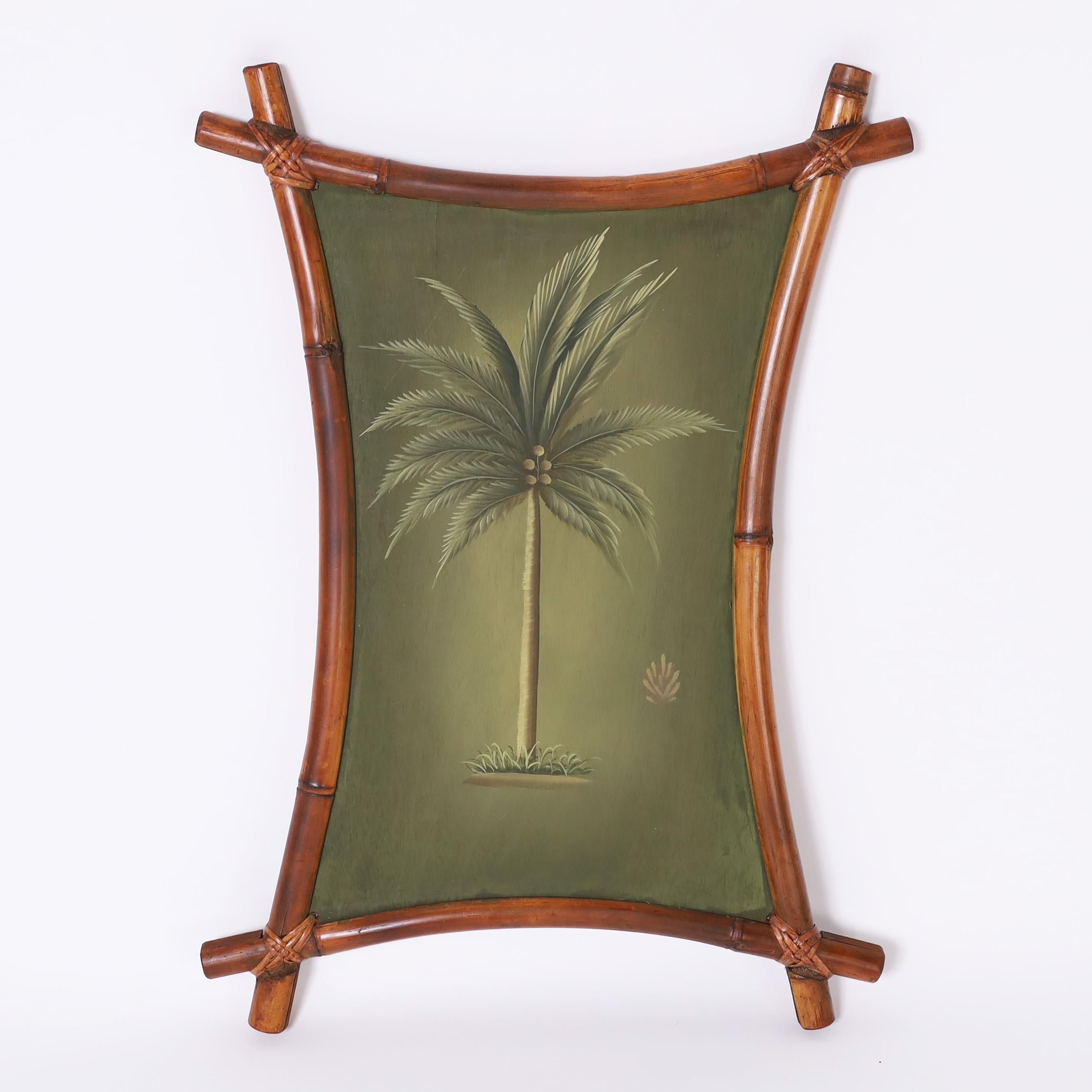 Pair of Vintage Palm Tree Paintings in Bamboo Frames For Sale at 1stDibs