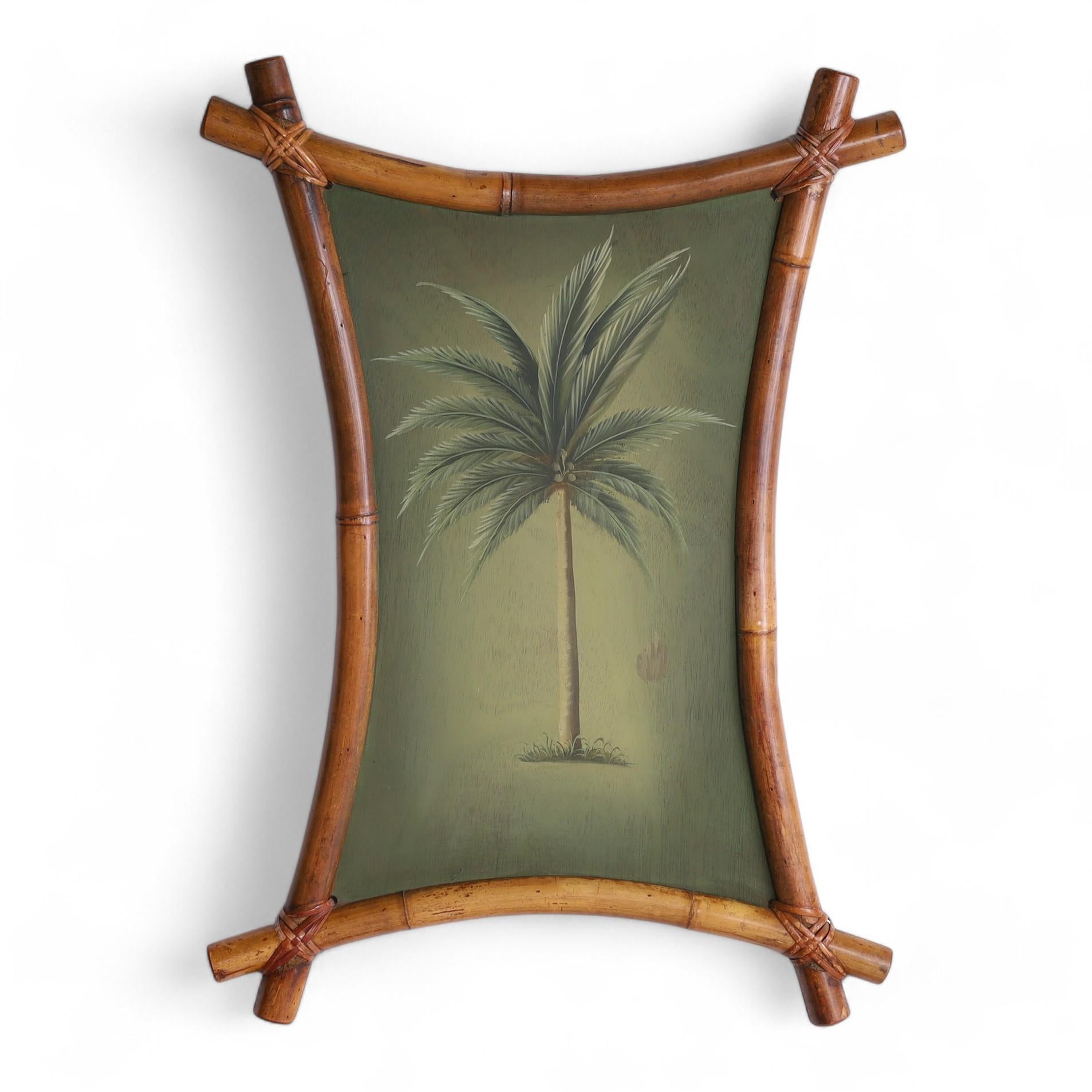 Un'accattivante coppia di dipinti a olio su tavola della metà del secolo, raffiguranti palme e ricchi di fascino decorativo, presentati in cornici di bambù con giunture avvolte da canne. 