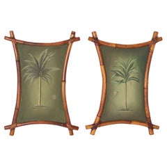 Pair of Vintage Palm Tree Paintings in Bamboo Frames