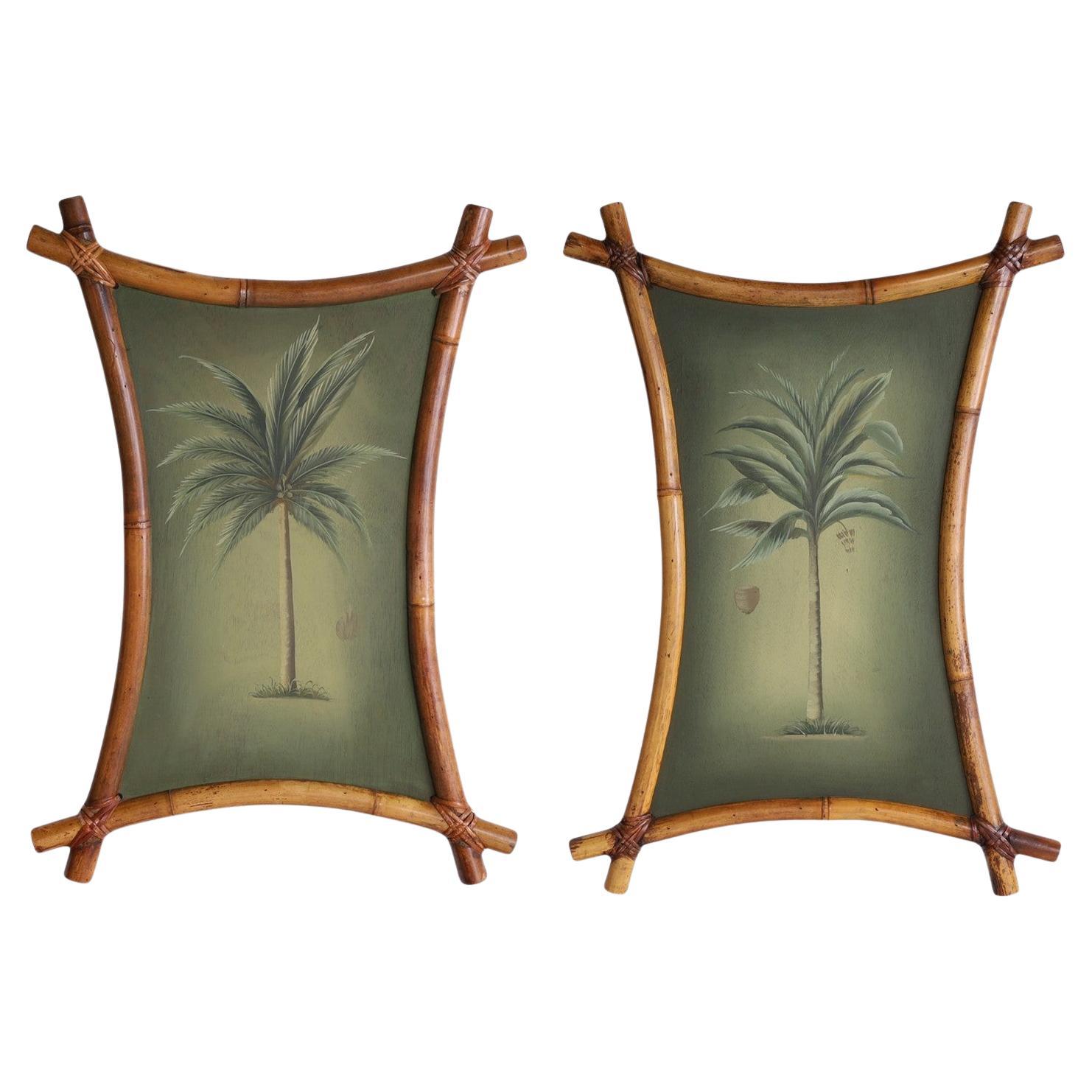 Pair of Vintage Palm Tree Paintings in Bamboo Frames