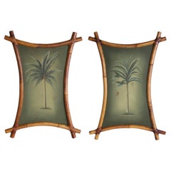 Pair of Vintage Palm Tree Paintings in Bamboo Frames