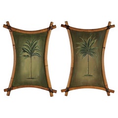 Pareja de cuadros vintage de palmeras en marcos de bambú