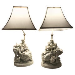 Pair of Vintage Parian Porcelain Figural Group Table Lamps