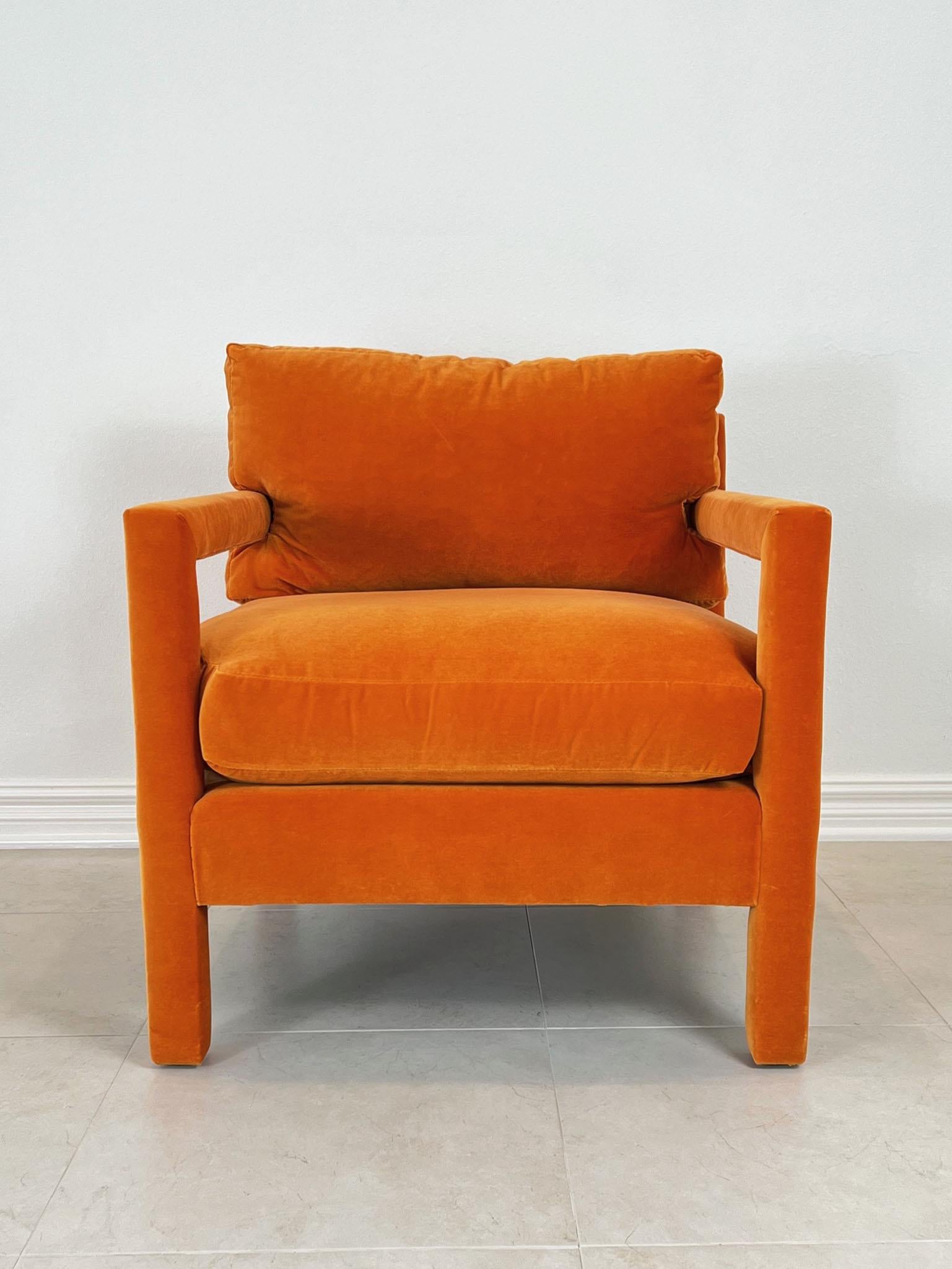 Velvet Pair of Vintage Parson Chairs in the Style of Milo Baughman