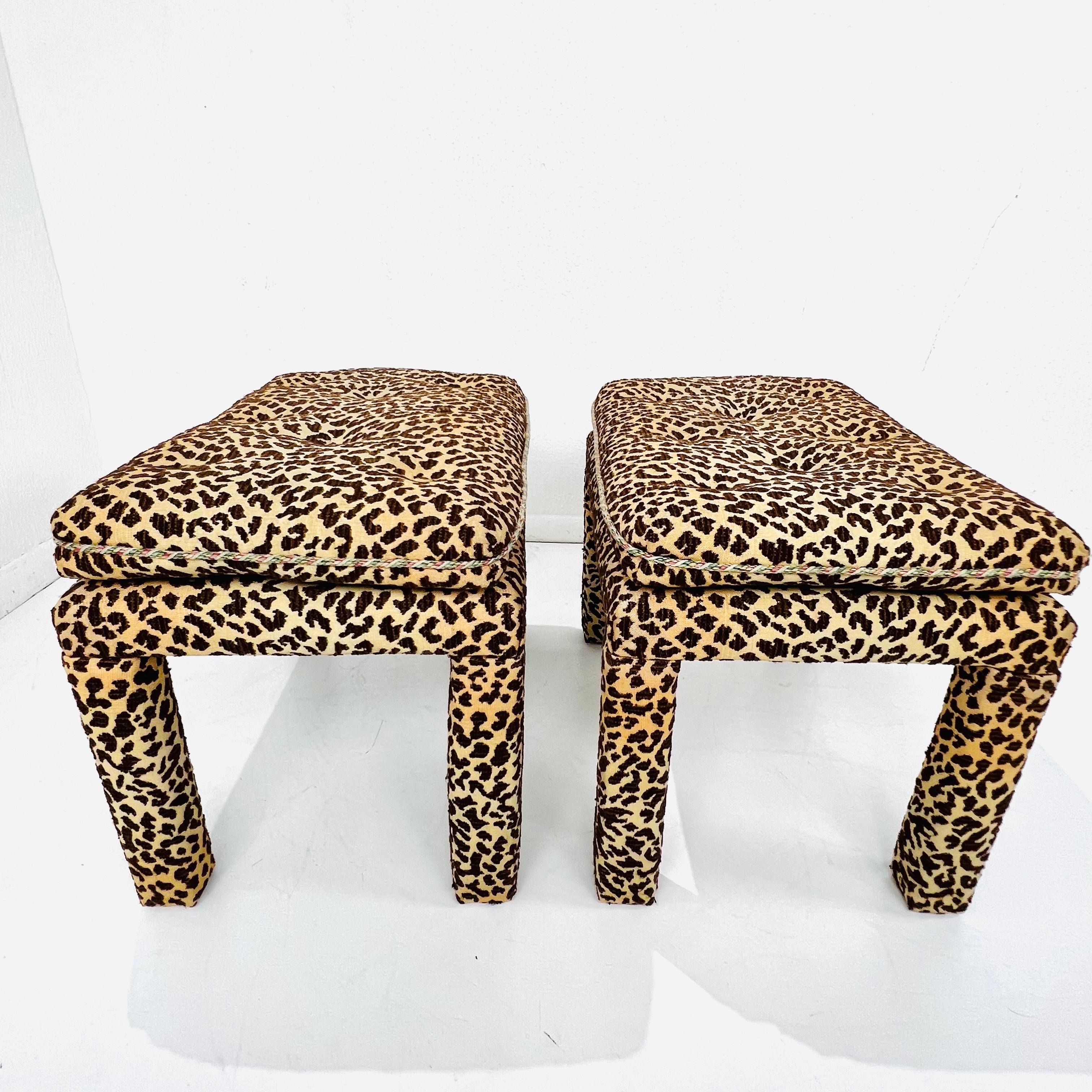 Pair of classic midcentury Parsons style ottomans with high-end leopard upholstery. These gorgeous ottomans/stools/benches are a great size and a versatile accent that will work in nearly any interior!
Very good vintage condition with minimal wear