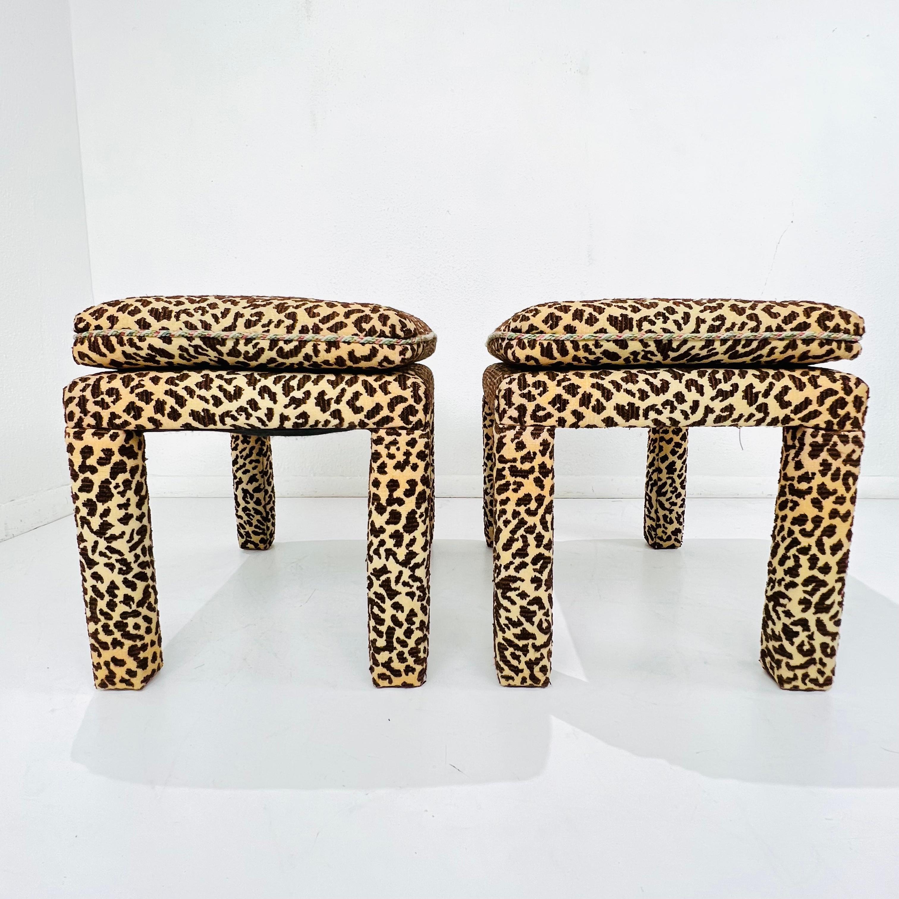 Mid-Century Modern Pair of Vintage Parsons Style Ottomans with Leopard Upholstery