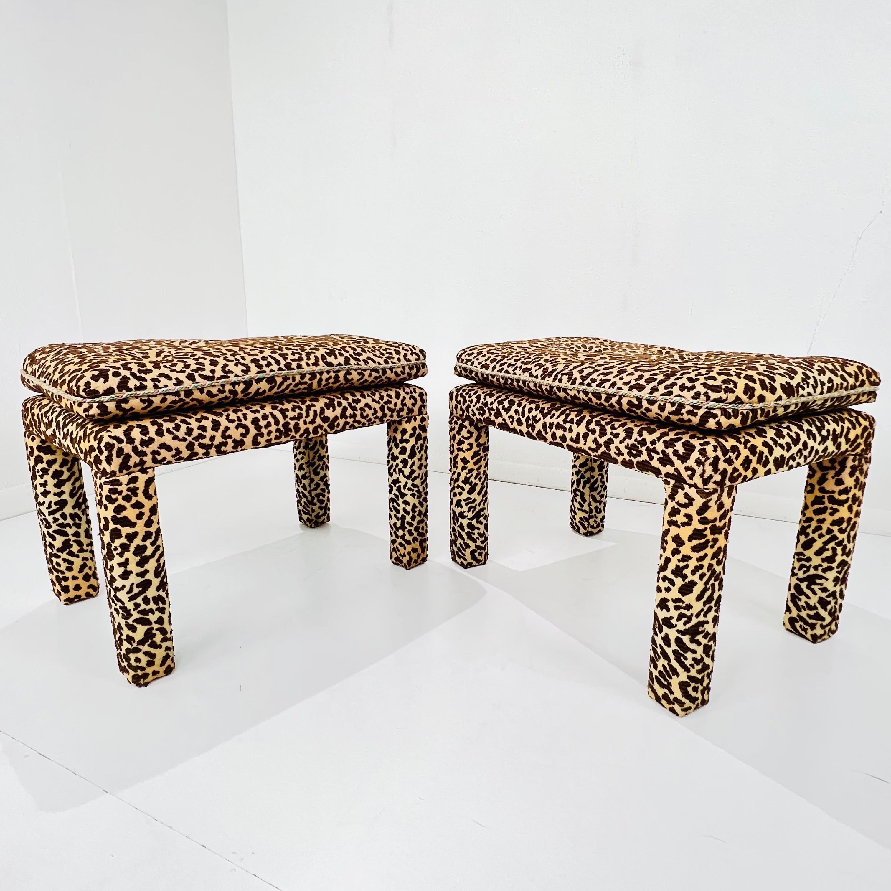 Pair of Vintage Parsons Style Ottomans with Leopard Upholstery In Good Condition In Dallas, TX