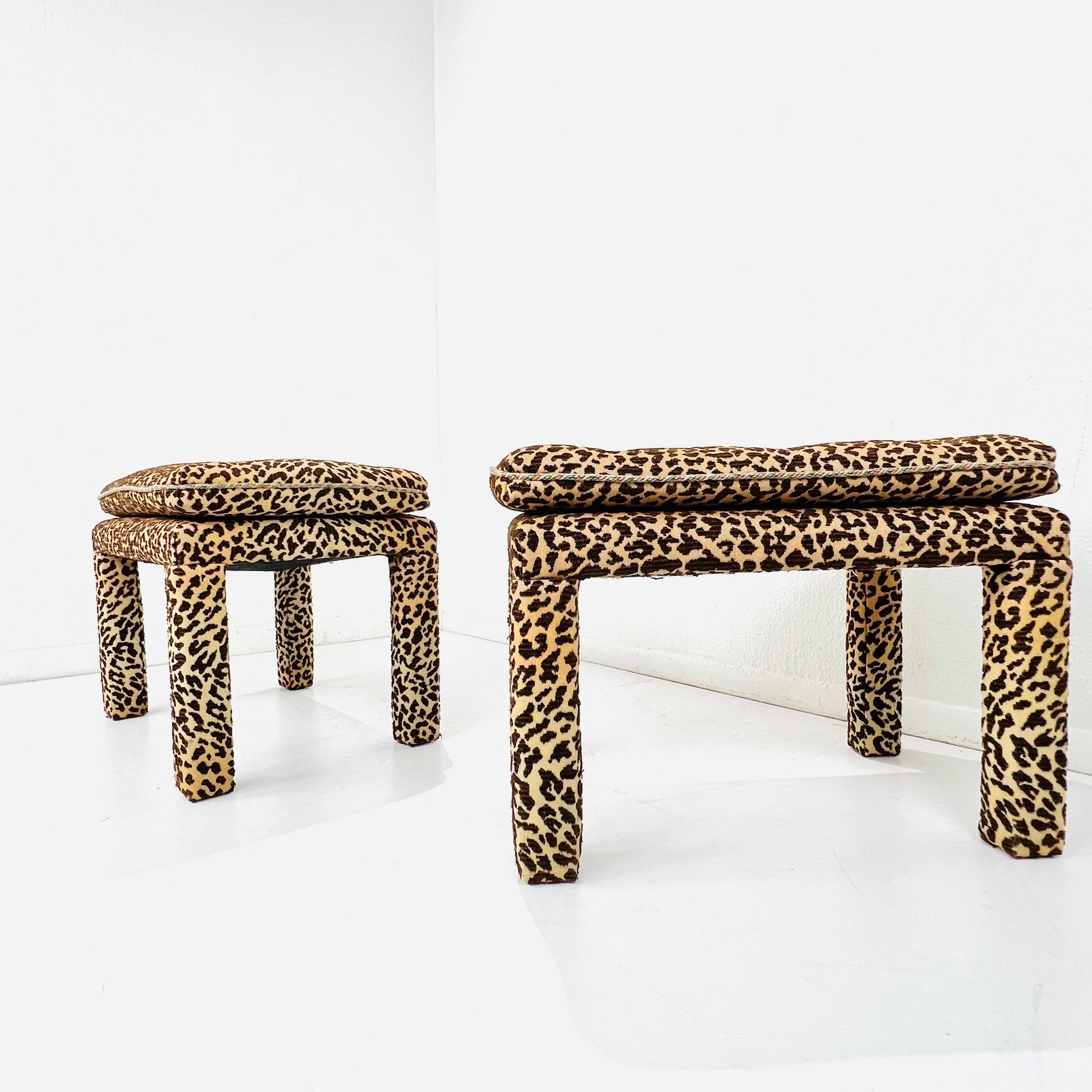 Pair of Vintage Parsons Style Ottomans with Leopard Upholstery 1
