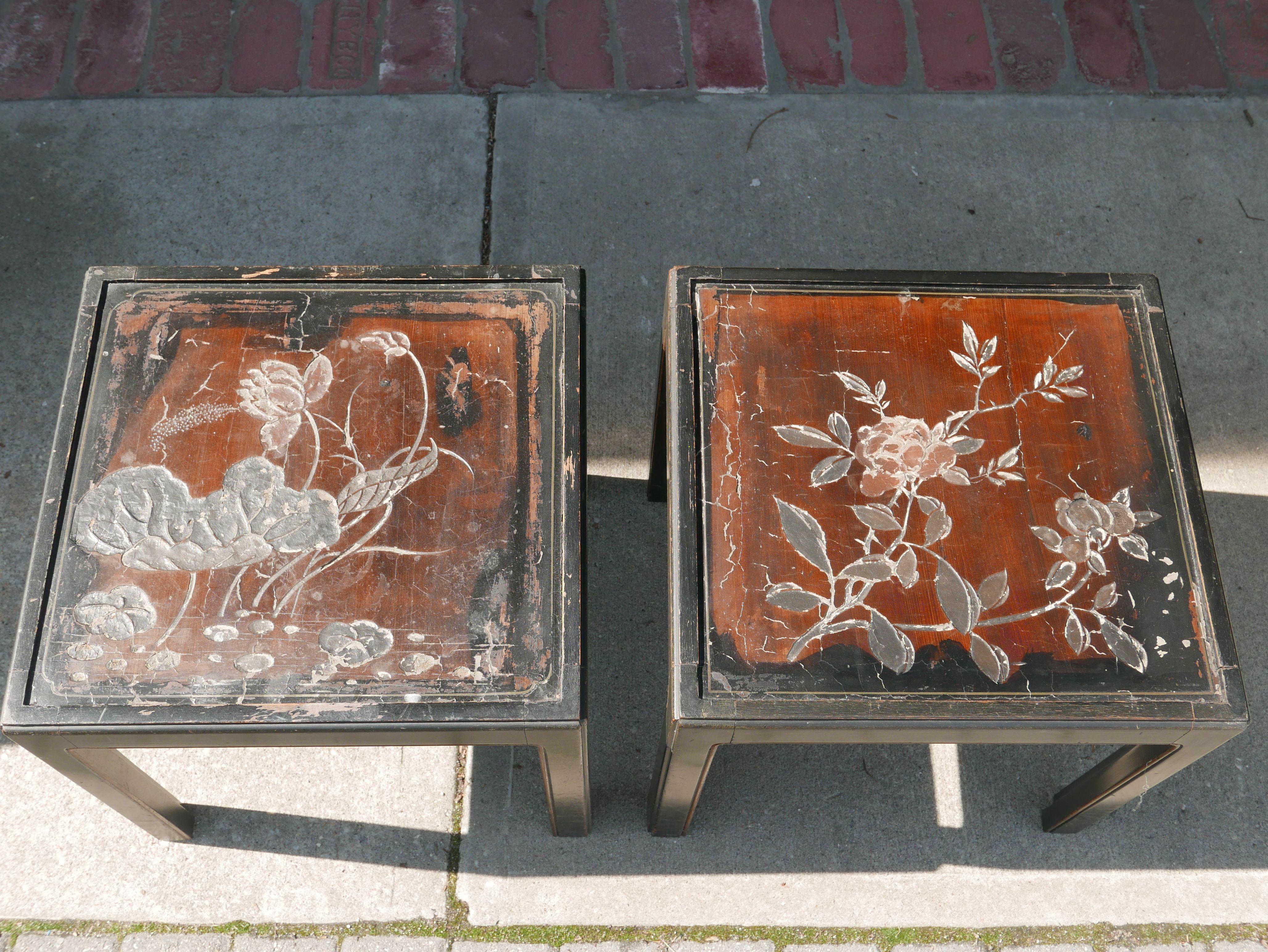 Chinoiserie Pair of Vintage Parsons Tables inset with 18th Century Chinese Panels For Sale