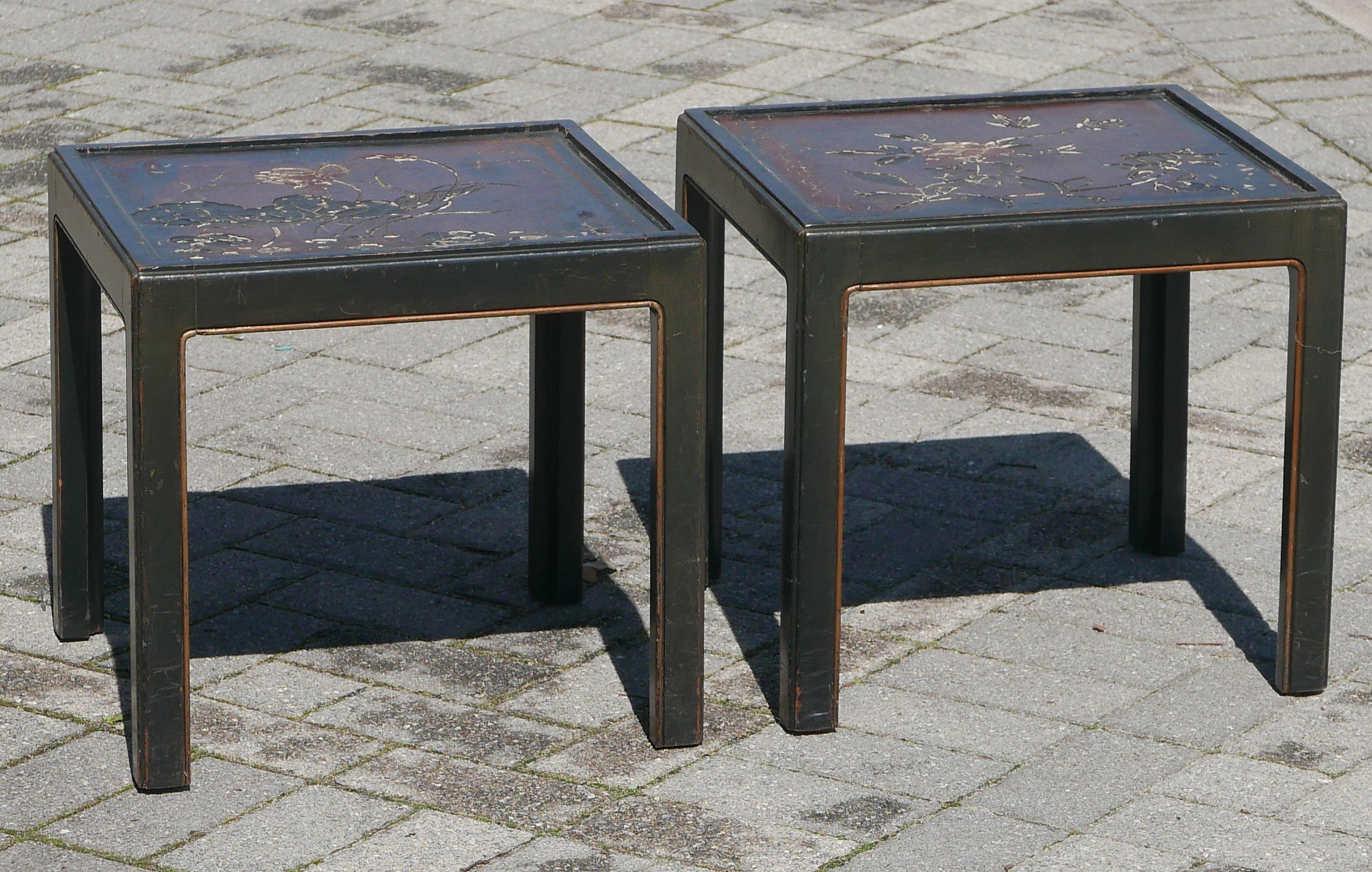 Carved Pair of Vintage Parsons Tables inset with 18th Century Chinese Panels For Sale