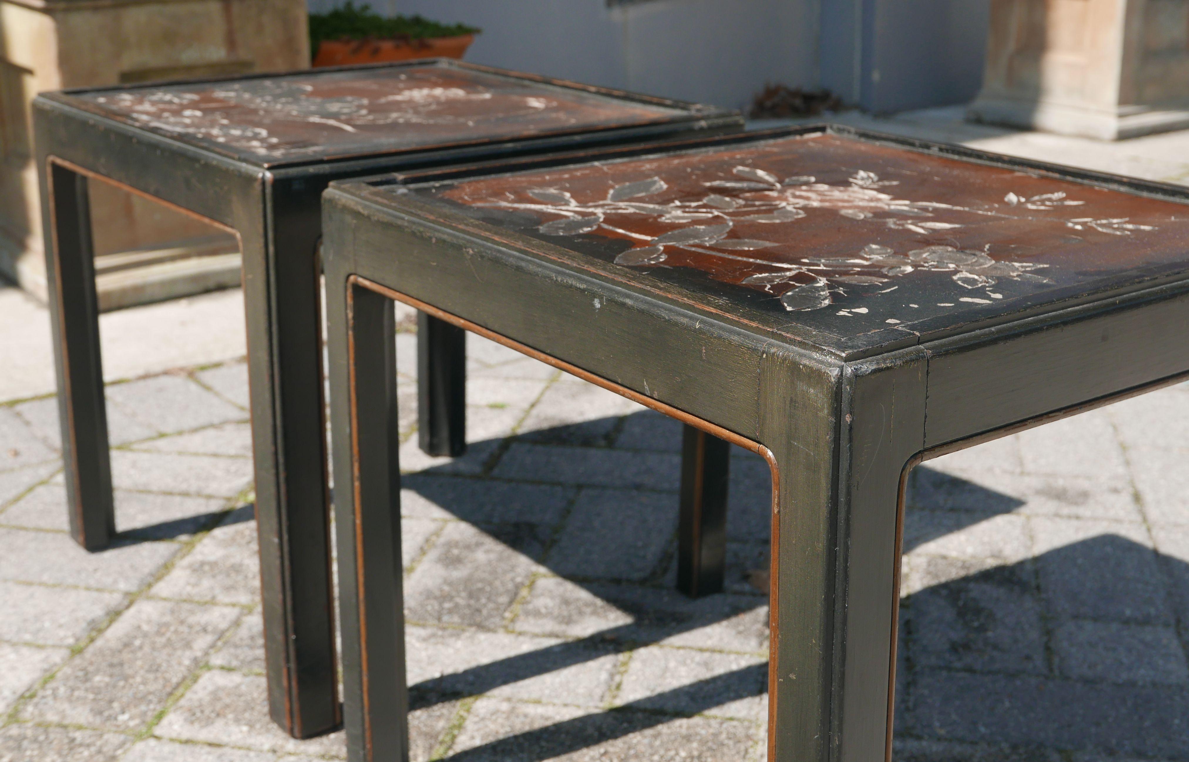 Pair of Vintage Parsons Tables inset with 18th Century Chinese Panels In Distressed Condition For Sale In Kilmarnock, VA