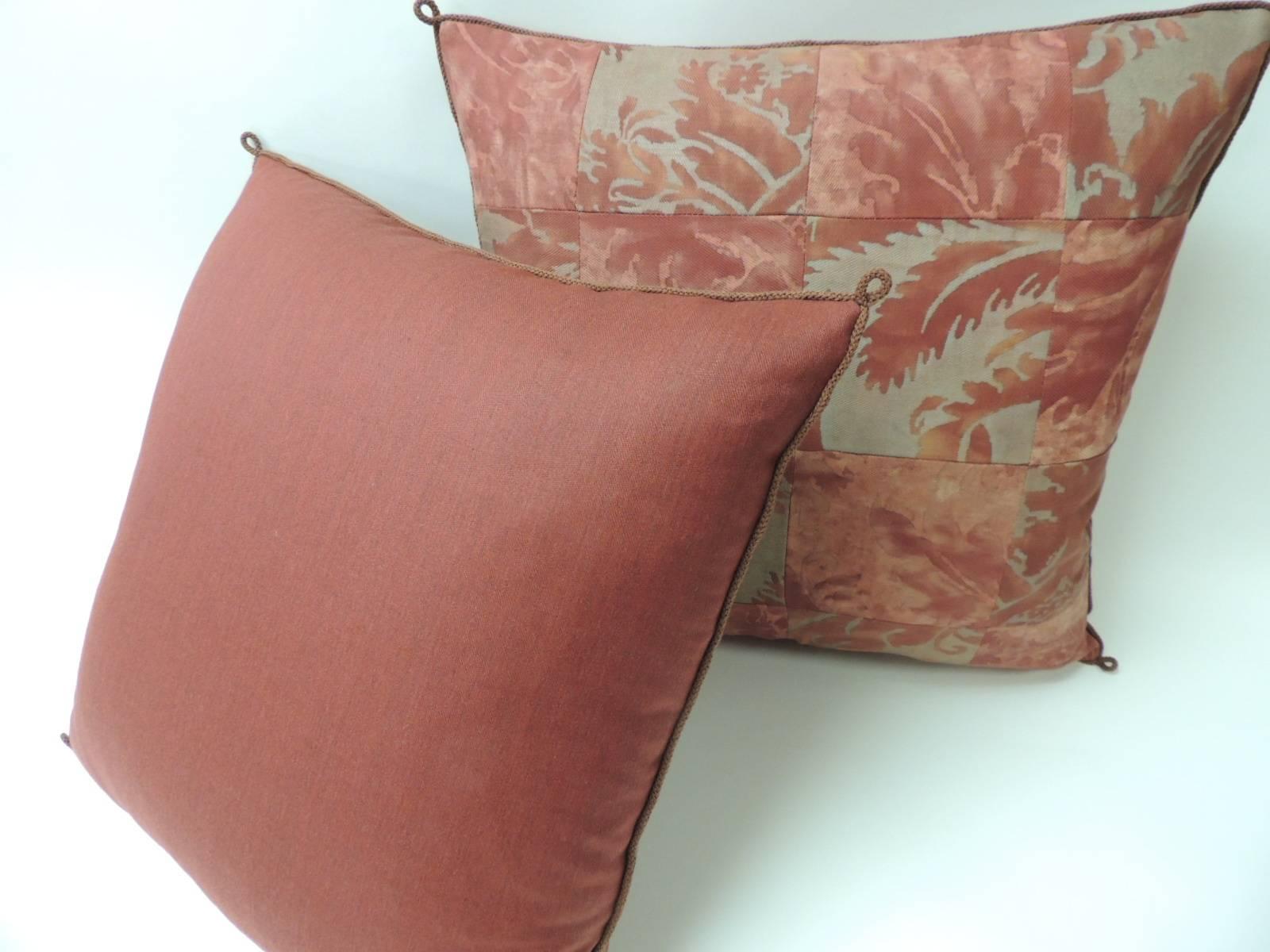 Regency Pair of Vintage Patchwork Fortuny “Glicine” Pattern Red and Silvery Pillows