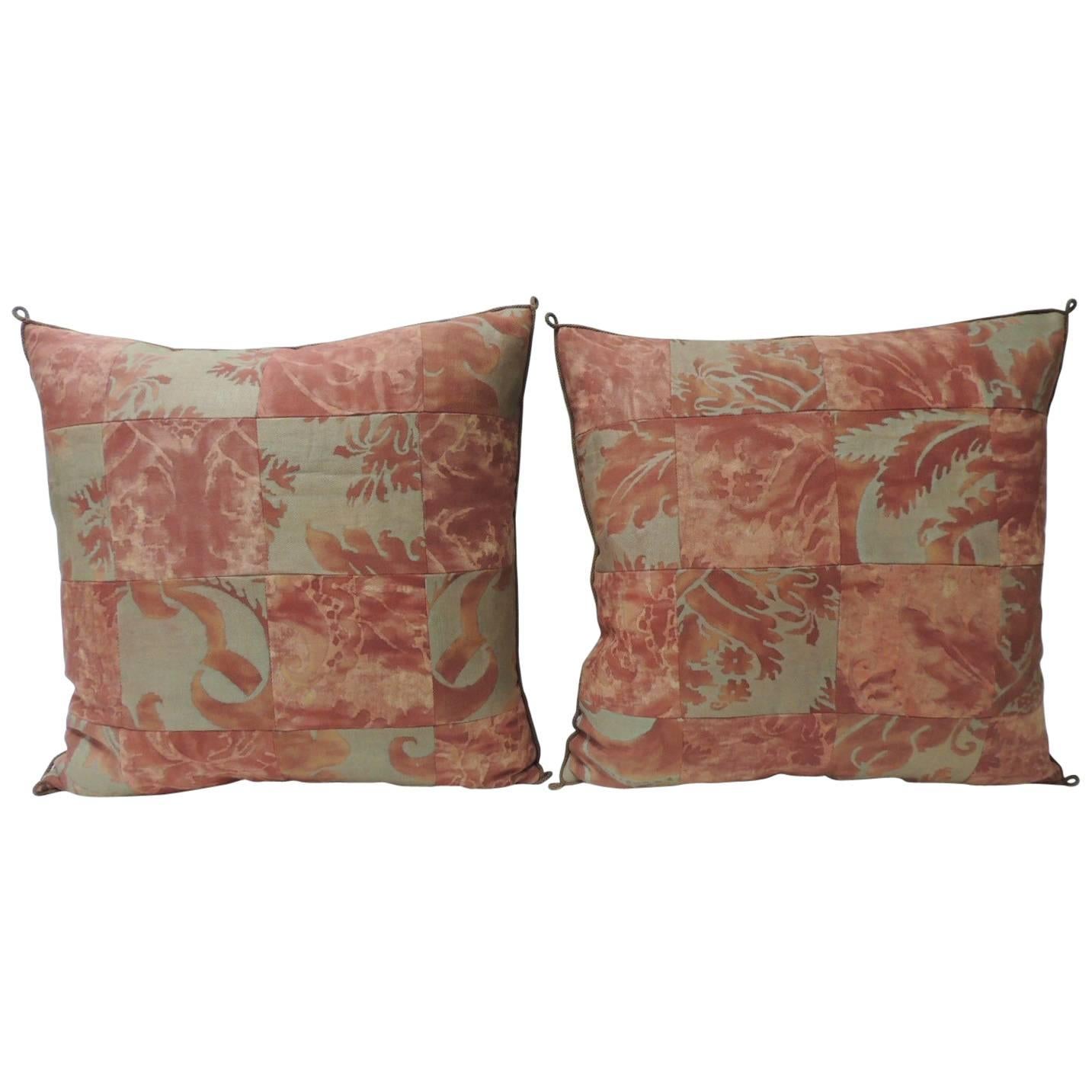 Pair of Vintage Patchwork Fortuny “Glicine” Pattern Red and Silvery Pillows