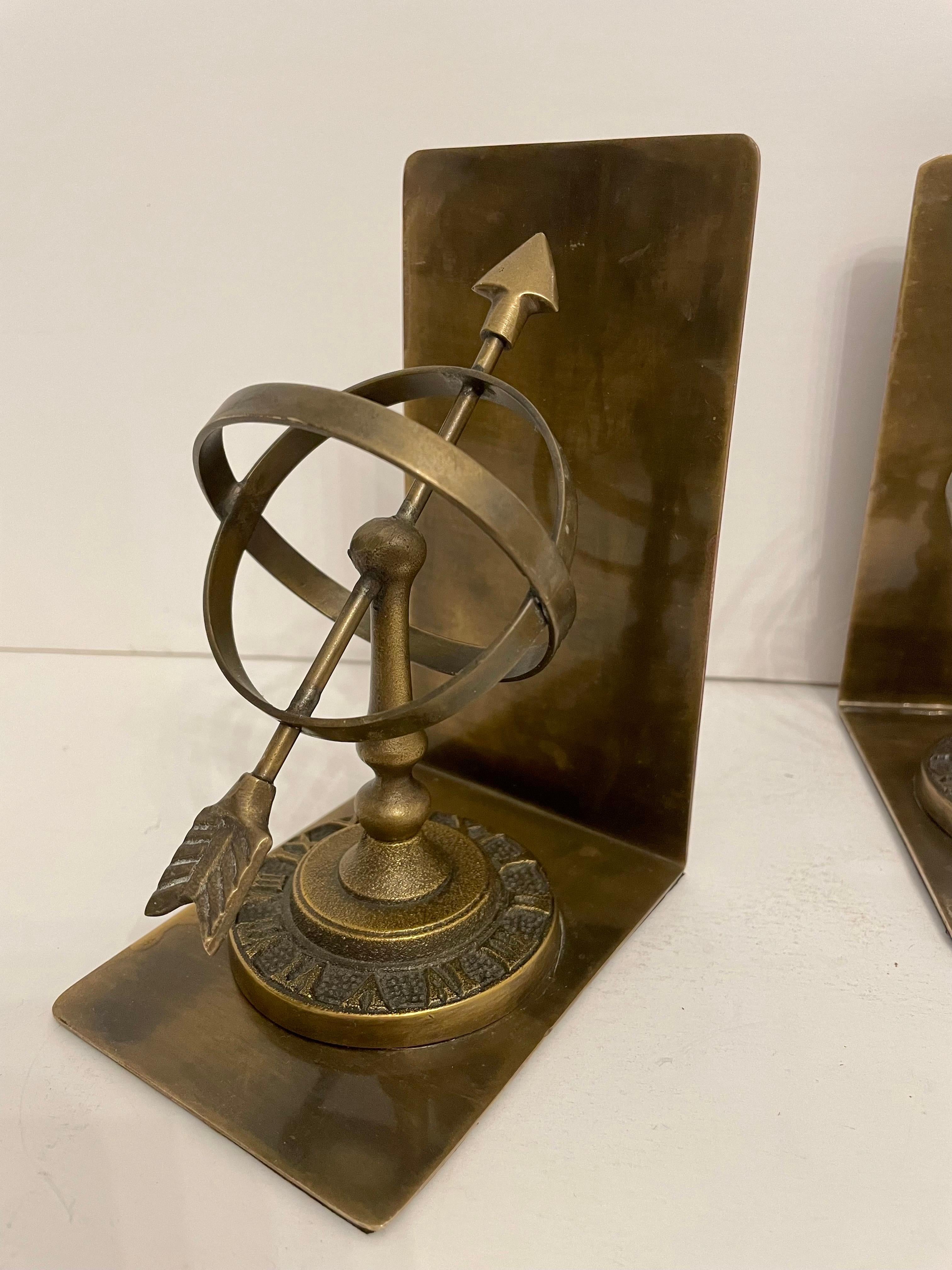 Hollywood Regency Pair of Vintage Patinated Brass Armillary Bookends