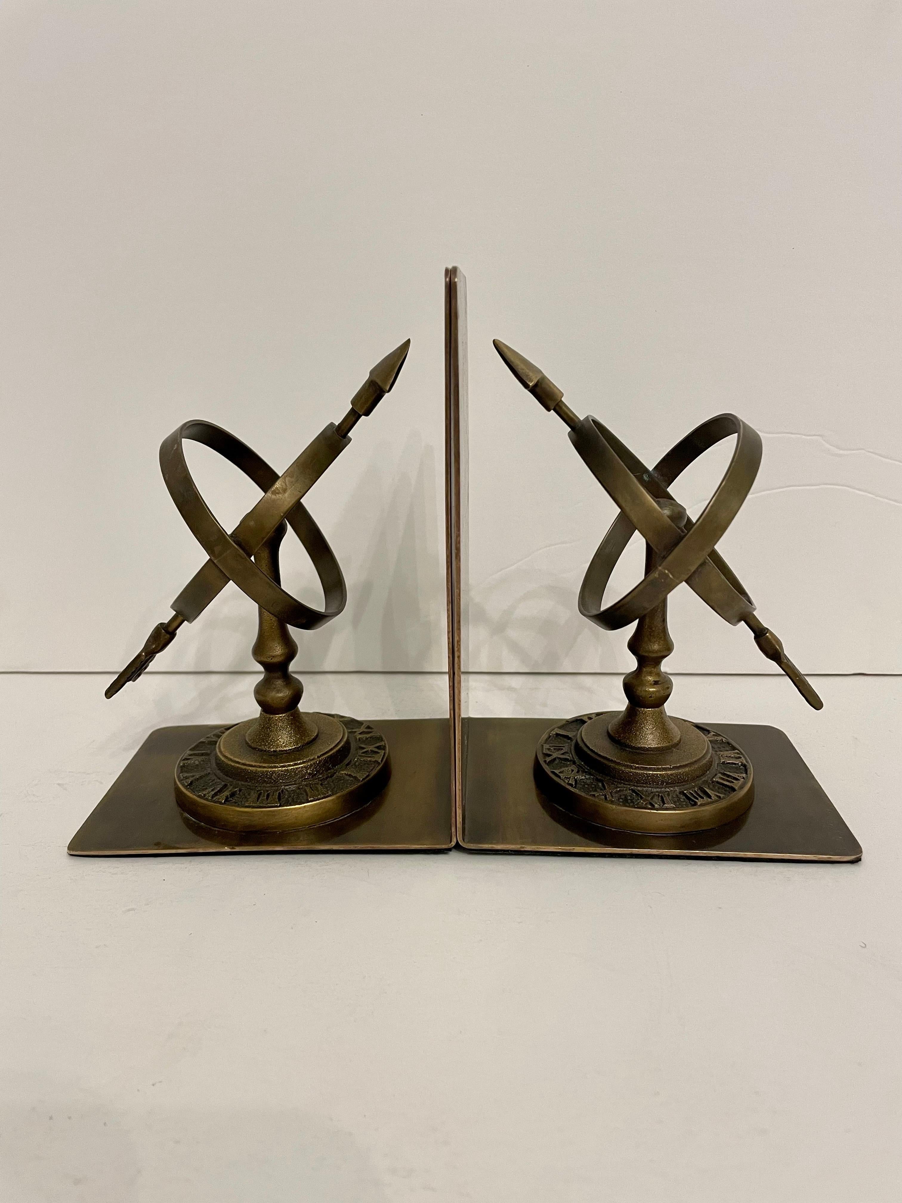 Pair of Vintage Patinated Brass Armillary Bookends 1